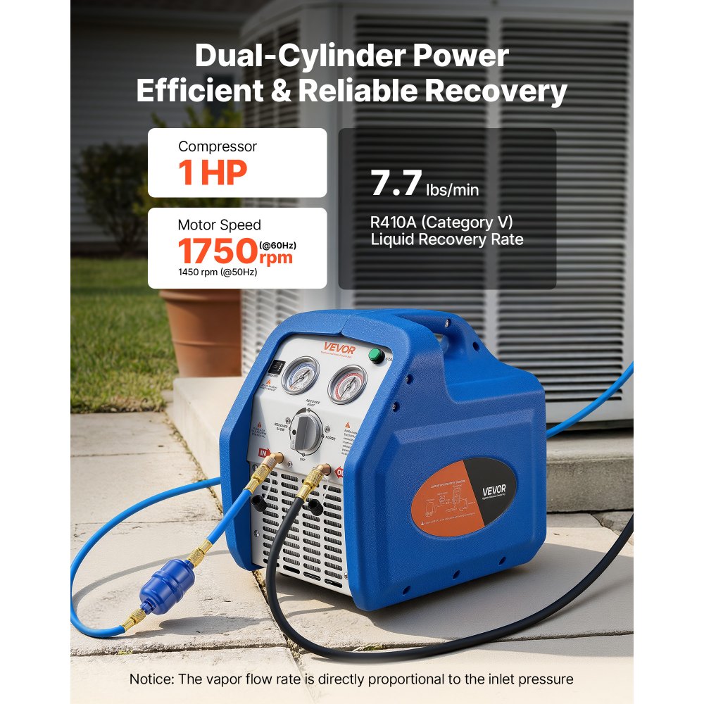VEVOR Portable Refrigerant Recovery Machine, 1 HP 220-240V 50Hz Dual Cylinder AC Recovery Machine for Liquid Vapor Refrigerant, 1450 RPM Recycling Unit HVAC for Automotive & Household Air Conditioning