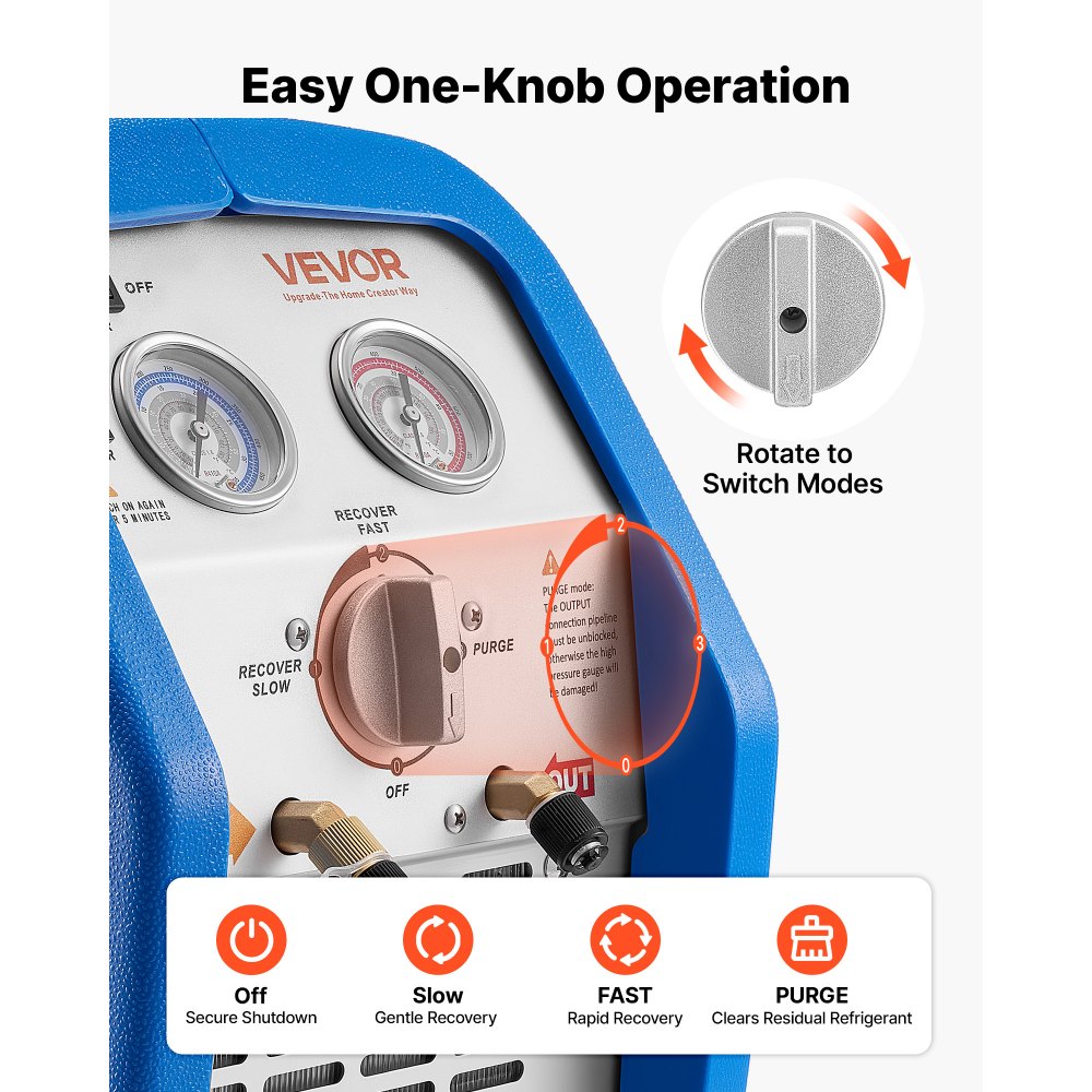 VEVOR Portable Refrigerant Recovery Machine, 3/4 HP 220-240V 50Hz Single Cylinder AC Recovery Machine for Liquid Vapor Refrigerant, 1450 RPM Recycling Unit HVAC Automotive & Household Air Conditioning