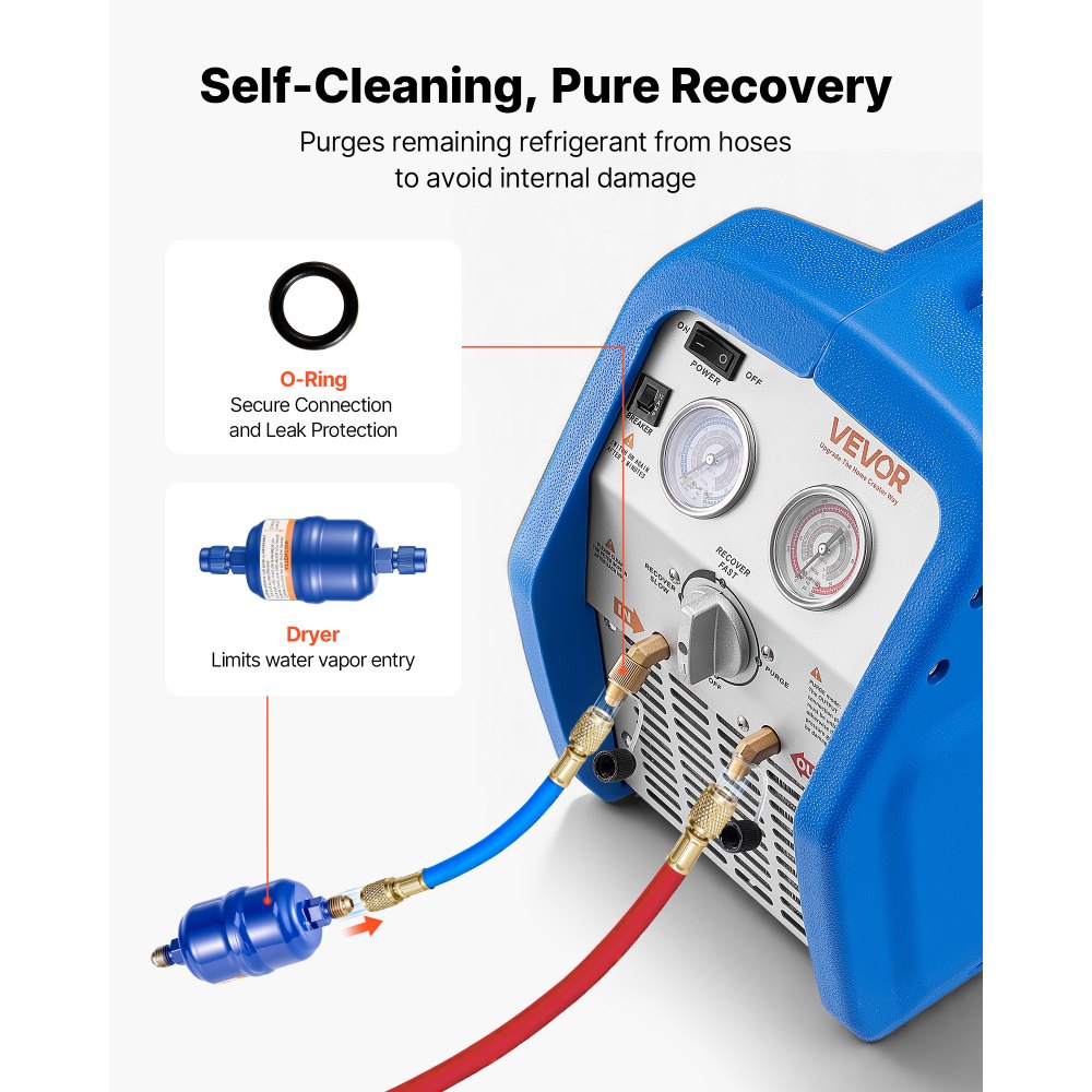 VEVOR Portable Refrigerant Recovery Machine, 3/4 HP 220-240V 50Hz Single Cylinder AC Recovery Machine for Liquid Vapor Refrigerant, 1450 RPM Recycling Unit HVAC Automotive & Household Air Conditioning