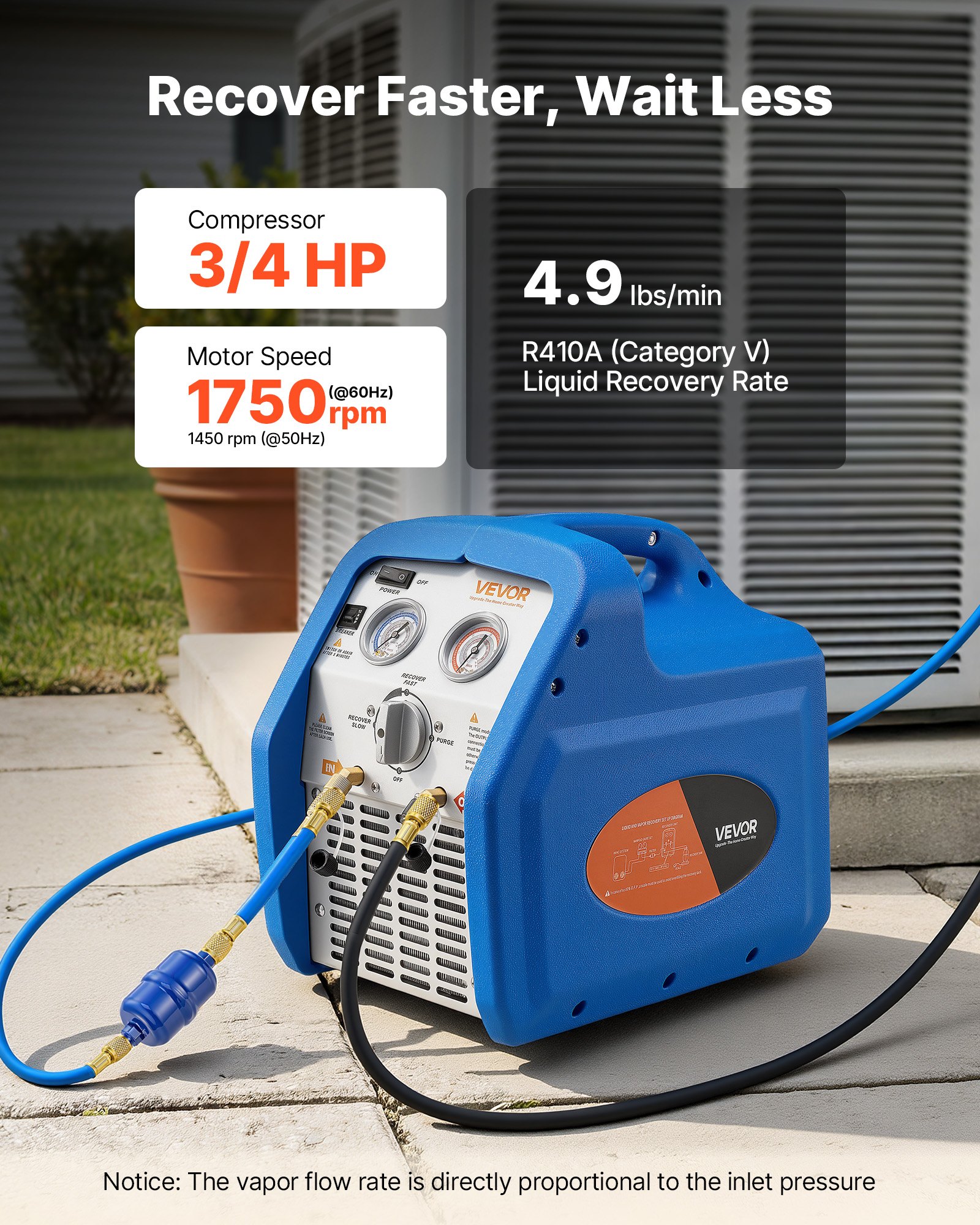 VEVOR Portable Refrigerant Recovery Machine, 3/4 HP 220-240V 50Hz Single Cylinder AC Recovery Machine for Liquid Vapor Refrigerant, 1450 RPM Recycling Unit HVAC Automotive & Household Air Conditioning