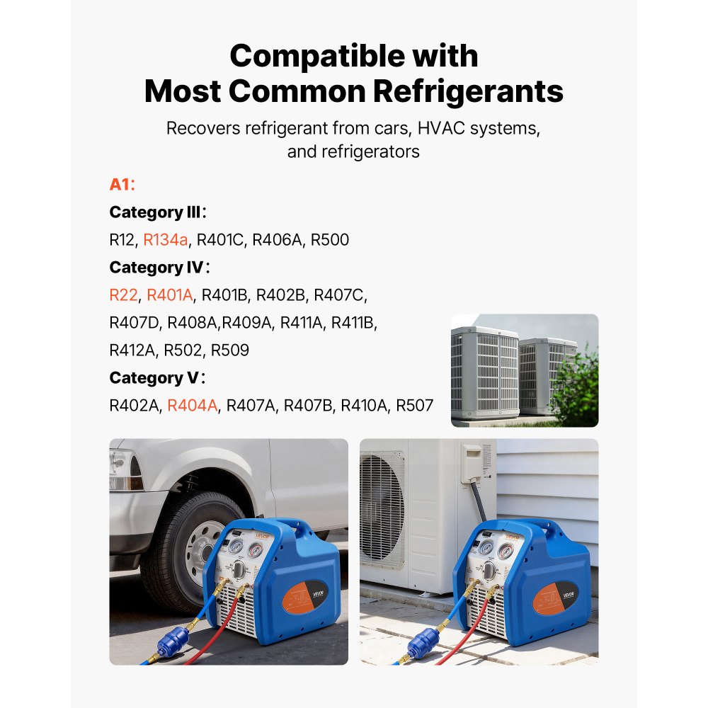 VEVOR Portable Refrigerant Recovery Machine, 3/4 HP 220-240V 50Hz Single Cylinder AC Recovery Machine for Liquid Vapor Refrigerant, 1450 RPM Recycling Unit HVAC for Automotive & Household Air Conditioning