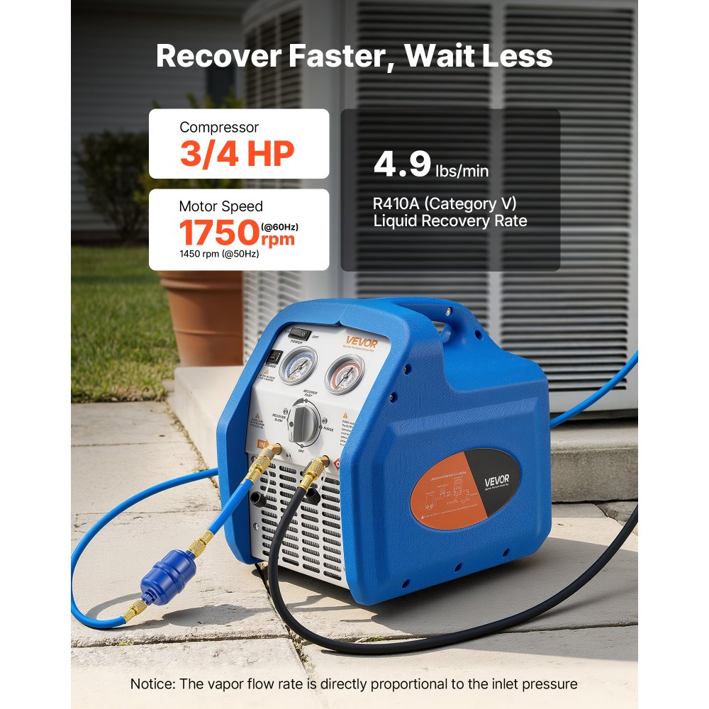 VEVOR Portable Refrigerant Recovery Machine, 3/4 HP 220-240V 50Hz Single Cylinder AC Recovery Machine for Liquid Vapor Refrigerant, 1450 RPM Recycling Unit HVAC for Automotive & Household Air Conditioning