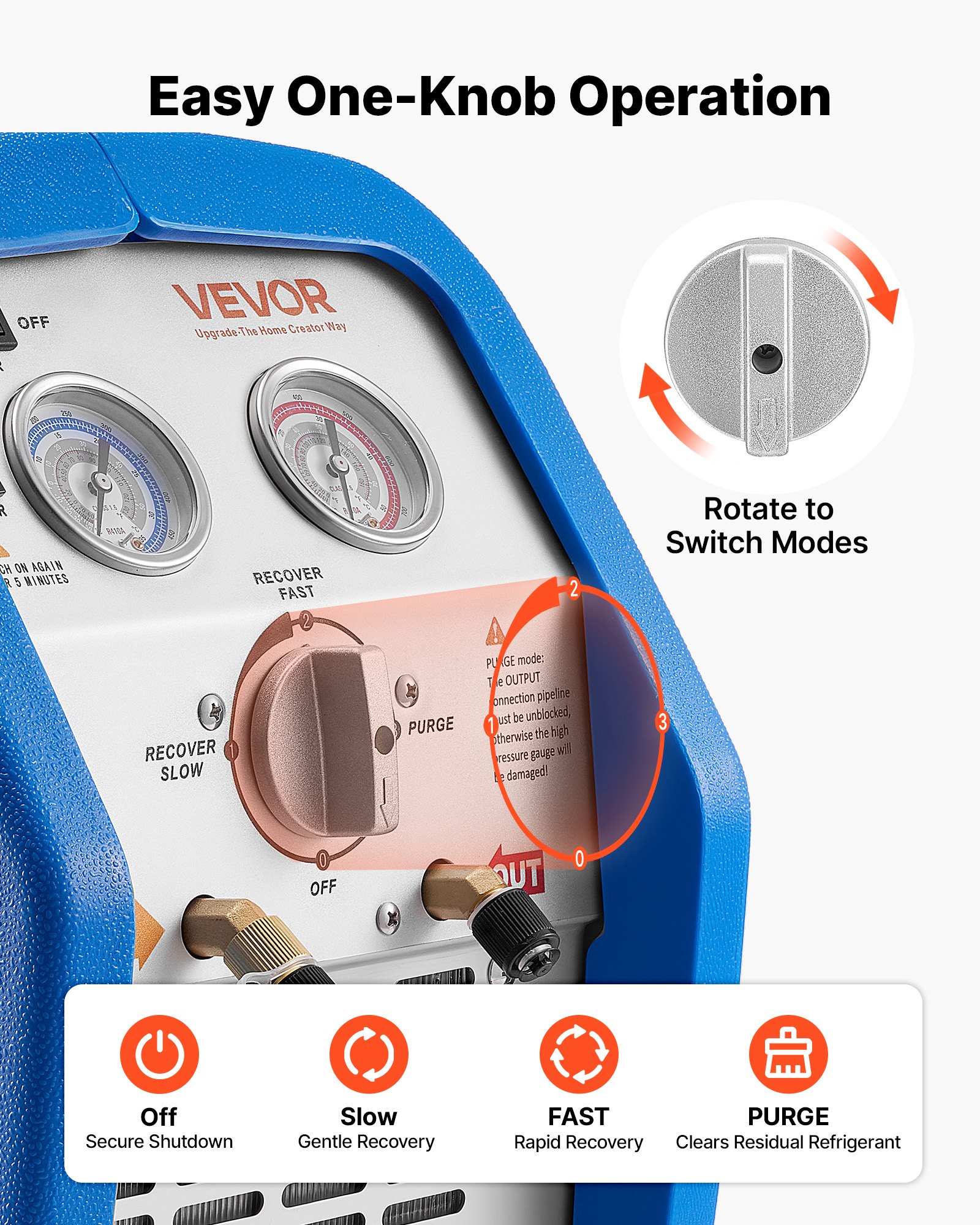 VEVOR Portable Refrigerant Recovery Machine, 3/4 HP 220-240V 50Hz Single Cylinder AC Recovery Machine for Liquid Vapor Refrigerant, 1450 RPM Recycling Unit HVAC for Automotive & Household Air Conditioning