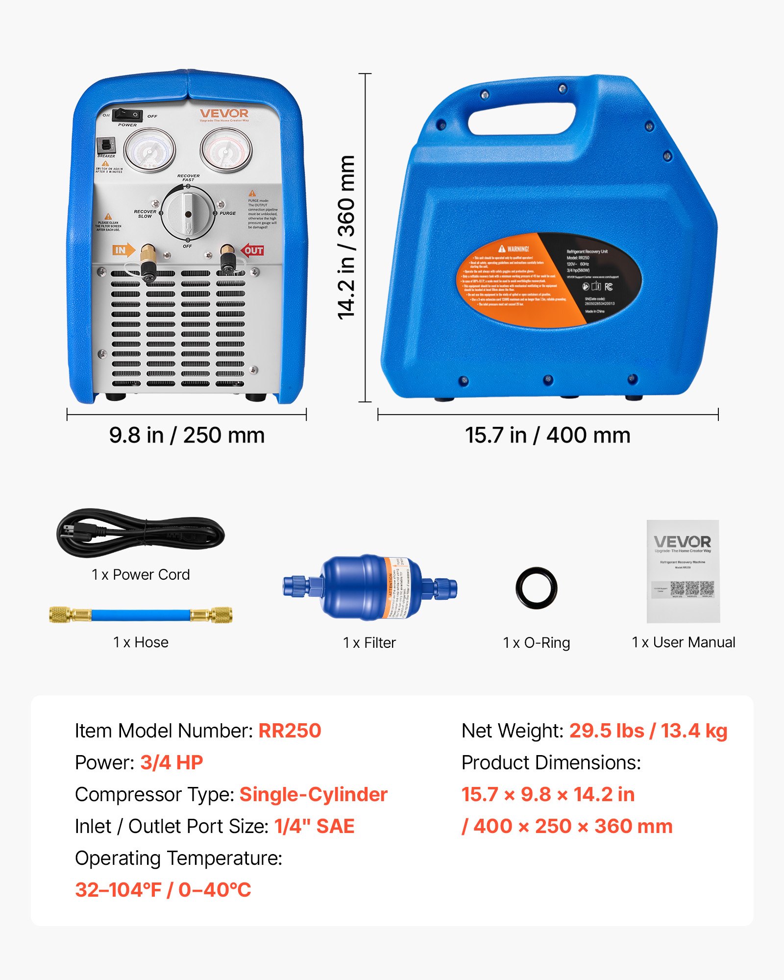 VEVOR Portable Refrigerant Recovery Machine, 3/4 HP 220-240V 50Hz Single Cylinder AC Recovery Machine for Liquid Vapor Refrigerant, 1450 RPM Recycling Unit HVAC for Automotive & Household Air Conditioning