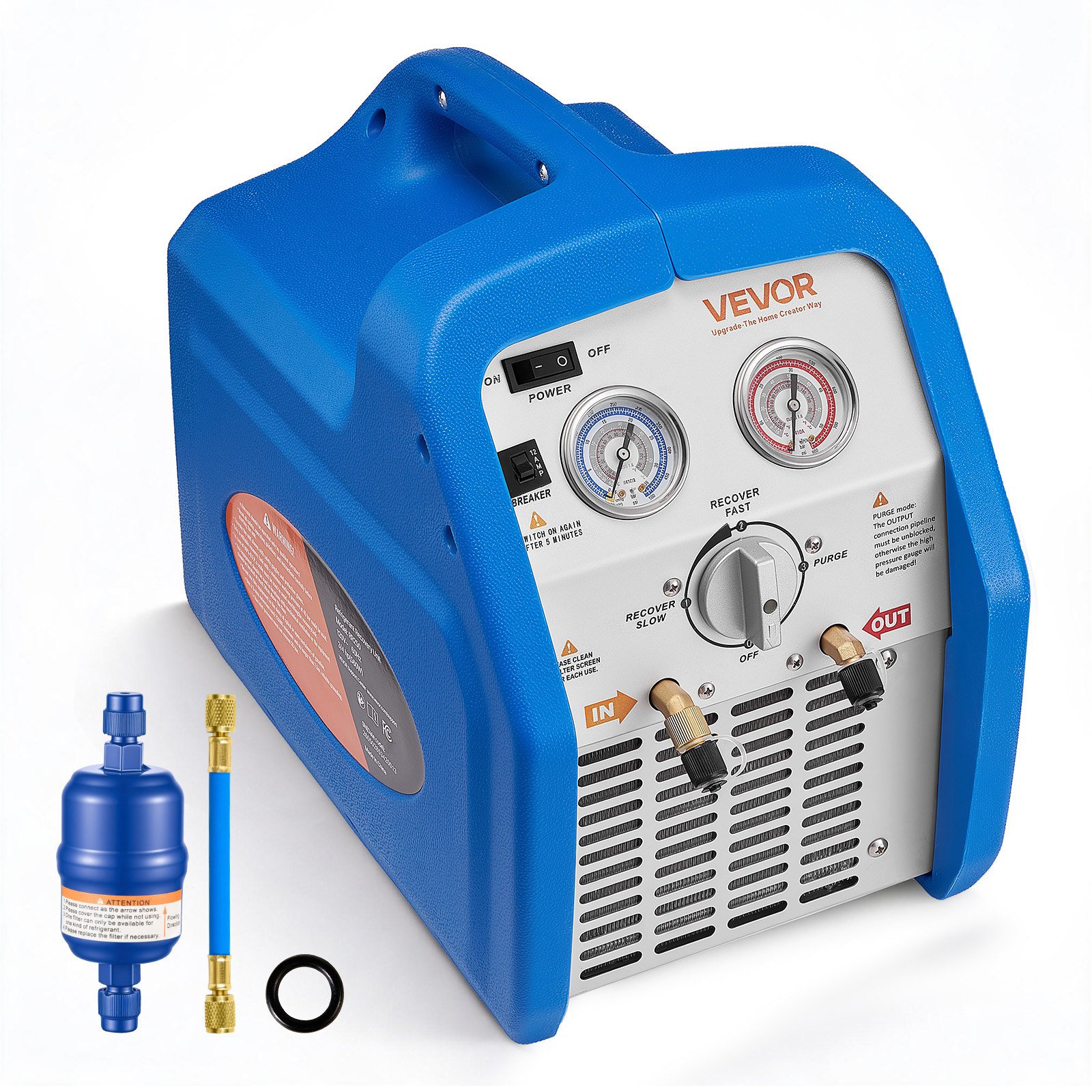 VEVOR Portable Refrigerant Recovery Machine, 3/4 HP 220-240V 50Hz Single Cylinder AC Recovery Machine for Liquid Vapor Refrigerant, 1450 RPM Recycling Unit HVAC for Automotive & Household Air Conditioning