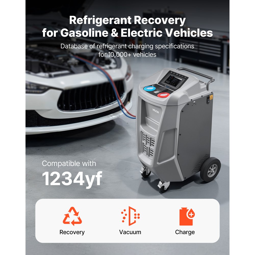 VEVOR Fully Automatic Refrigerant Recovery Machine for 1234yf, ≥98.5% Accuracy, 7-Inch Touch Screen, AC Recovery, Vacuum, and Recharging Machine for Standard and High Voltage Automotive A/C Systems