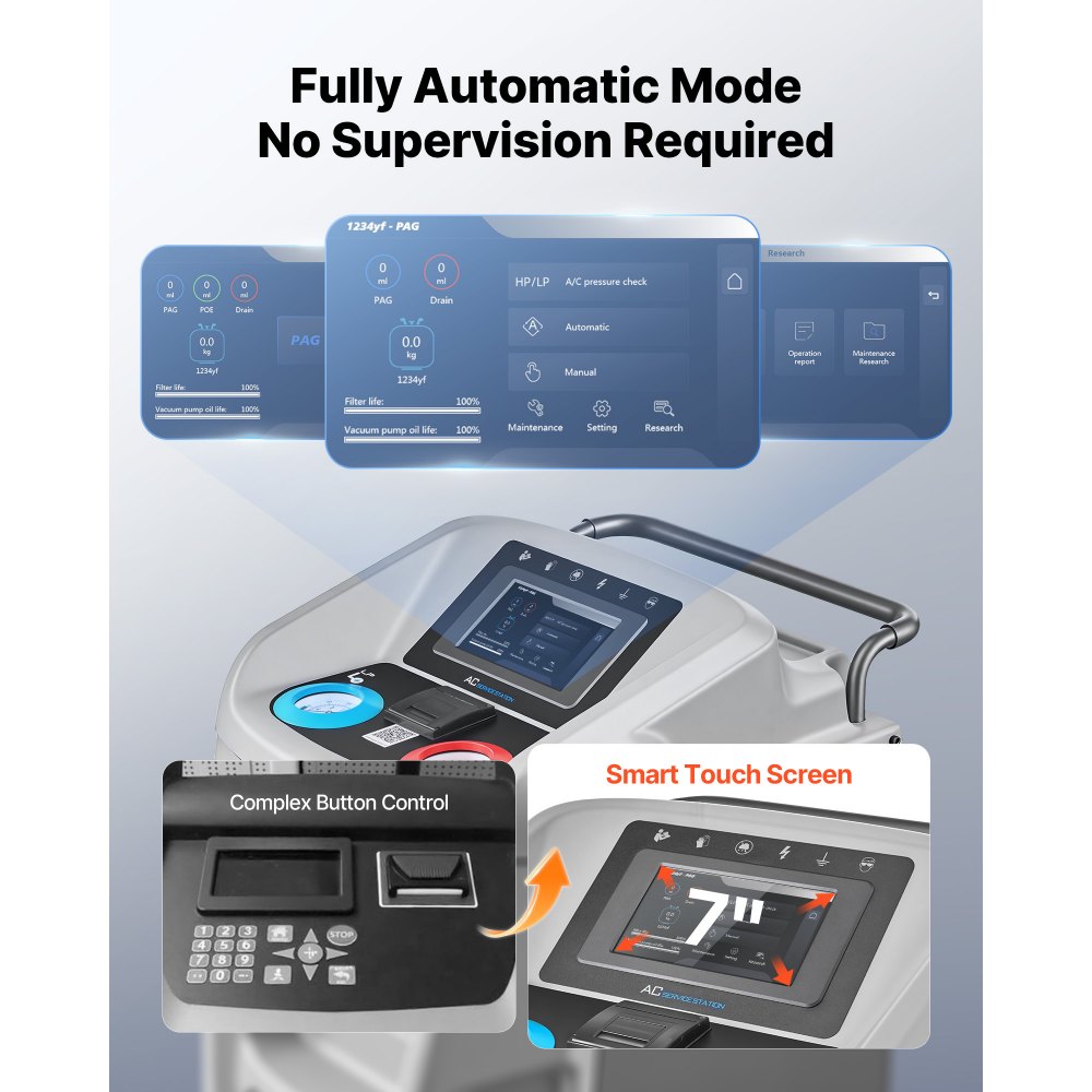 VEVOR Fully Automatic Refrigerant Recovery Machine for 1234yf, ≥98.5% Accuracy, 7-Inch Touch Screen, AC Recovery, Vacuum, and Recharging Machine for Standard and High Voltage Automotive A/C Systems