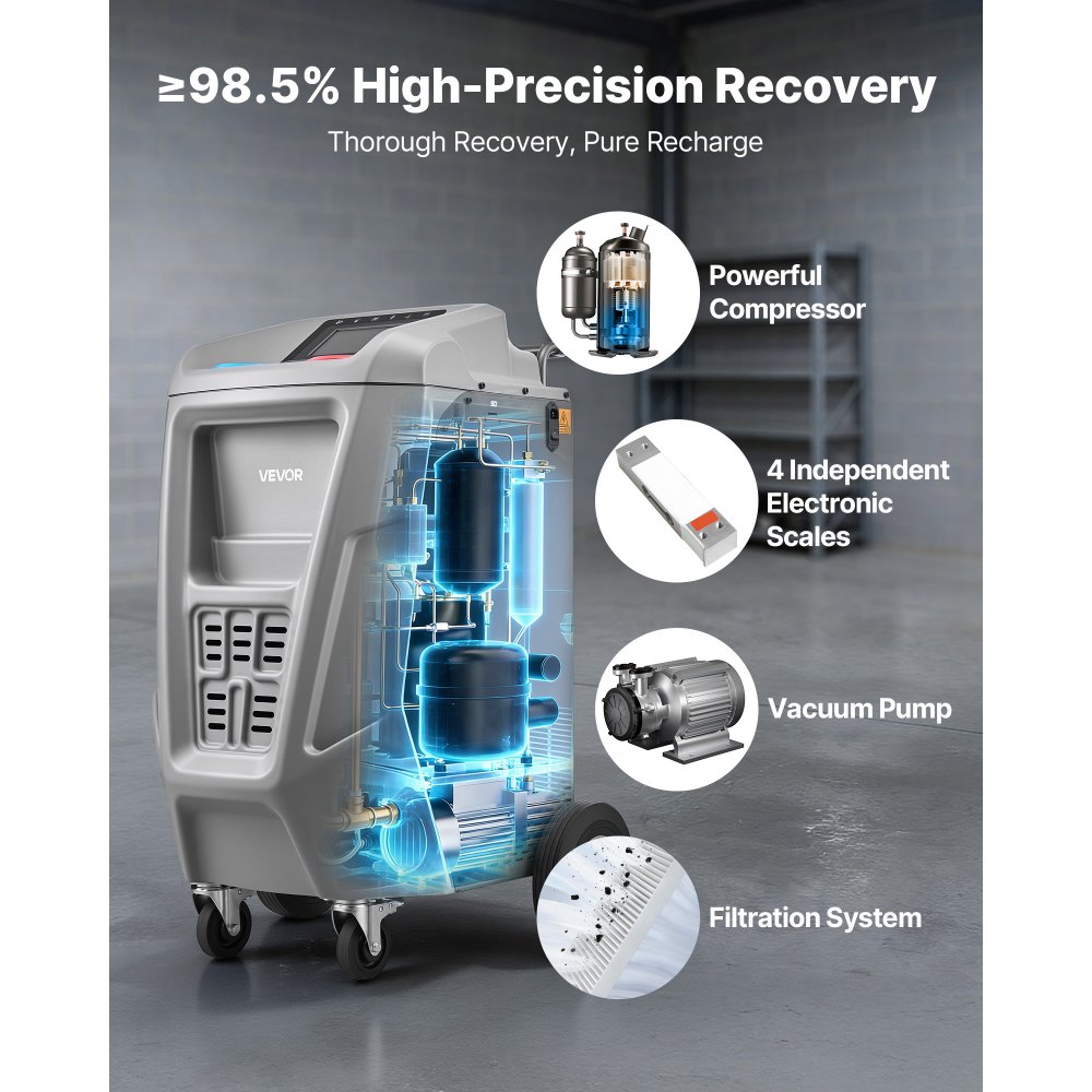 VEVOR Fully Automatic Refrigerant Recovery Machine for 1234yf, ≥98.5% Accuracy, 7-Inch Touch Screen, AC Recovery, Vacuum, and Recharging Machine for Standard and High Voltage Automotive A/C Systems