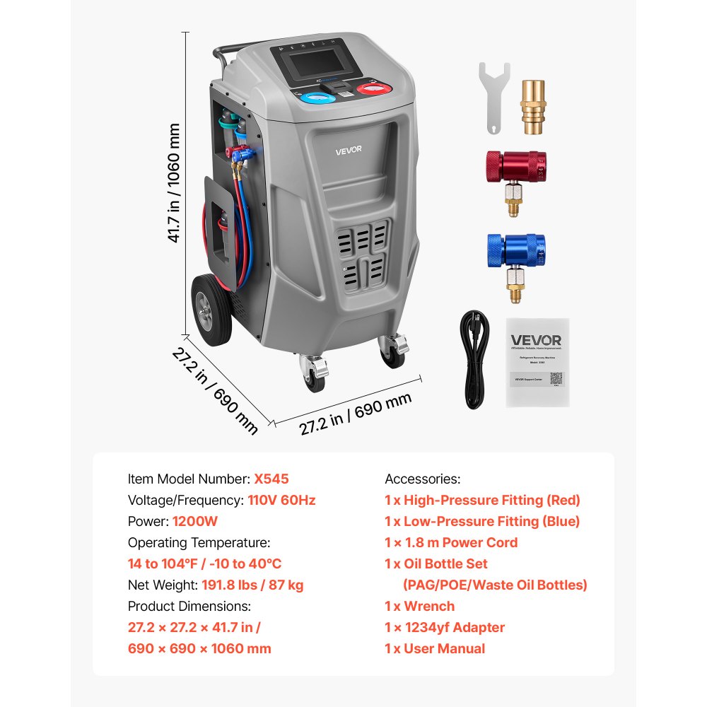 VEVOR Fully Automatic Refrigerant Recovery Machine for 1234yf, ≥98.5% Accuracy, 7-Inch Touch Screen, AC Recovery, Vacuum, and Recharging Machine for Standard and High Voltage Automotive A/C Systems