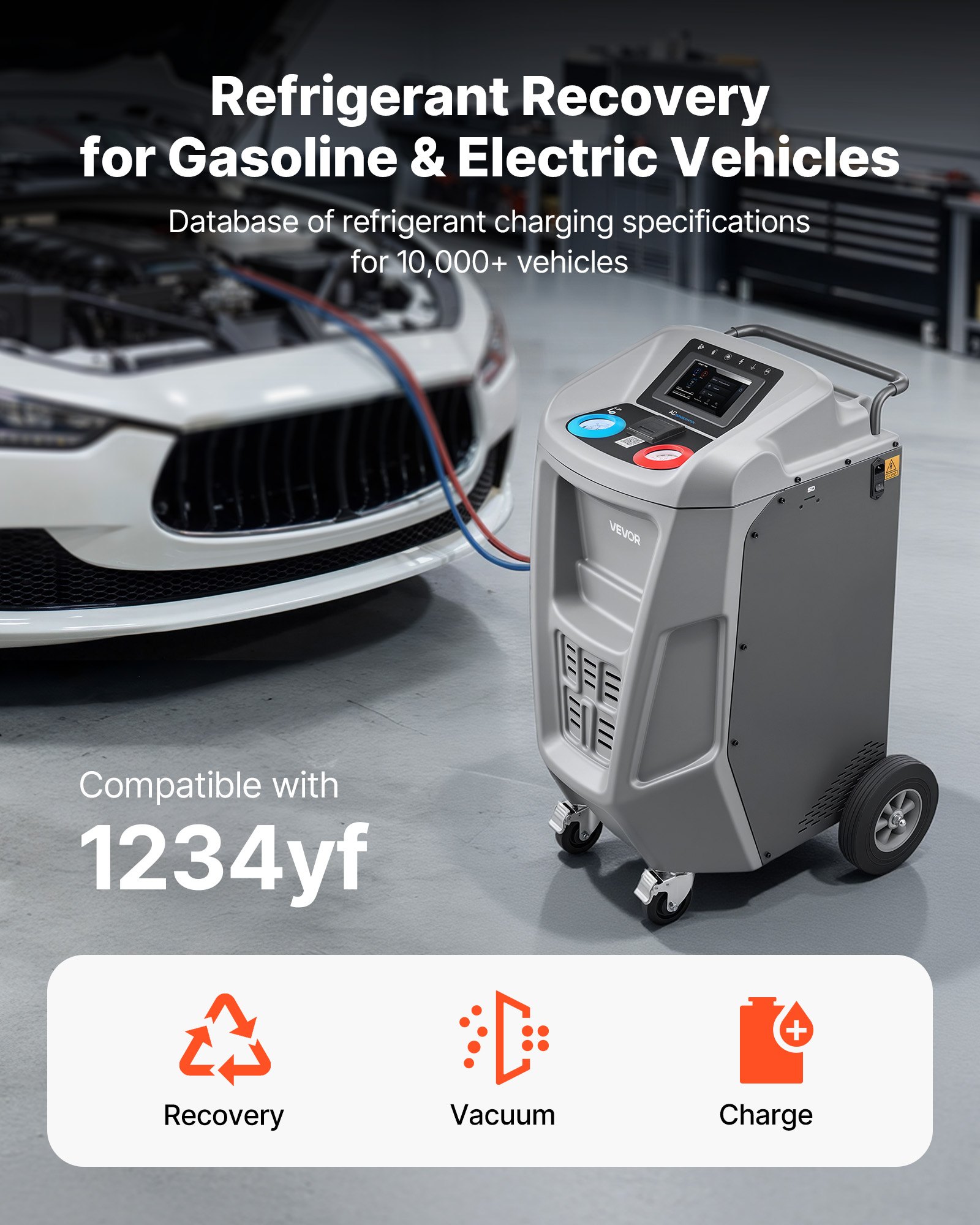 VEVOR Fully Automatic Refrigerant Recovery Machine for 1234yf, ≥98.5% Accuracy, 7-Inch Touch Screen, AC Recovery, Vacuum, and Recharging Machine for Standard and High Voltage Automotive A/C Systems
