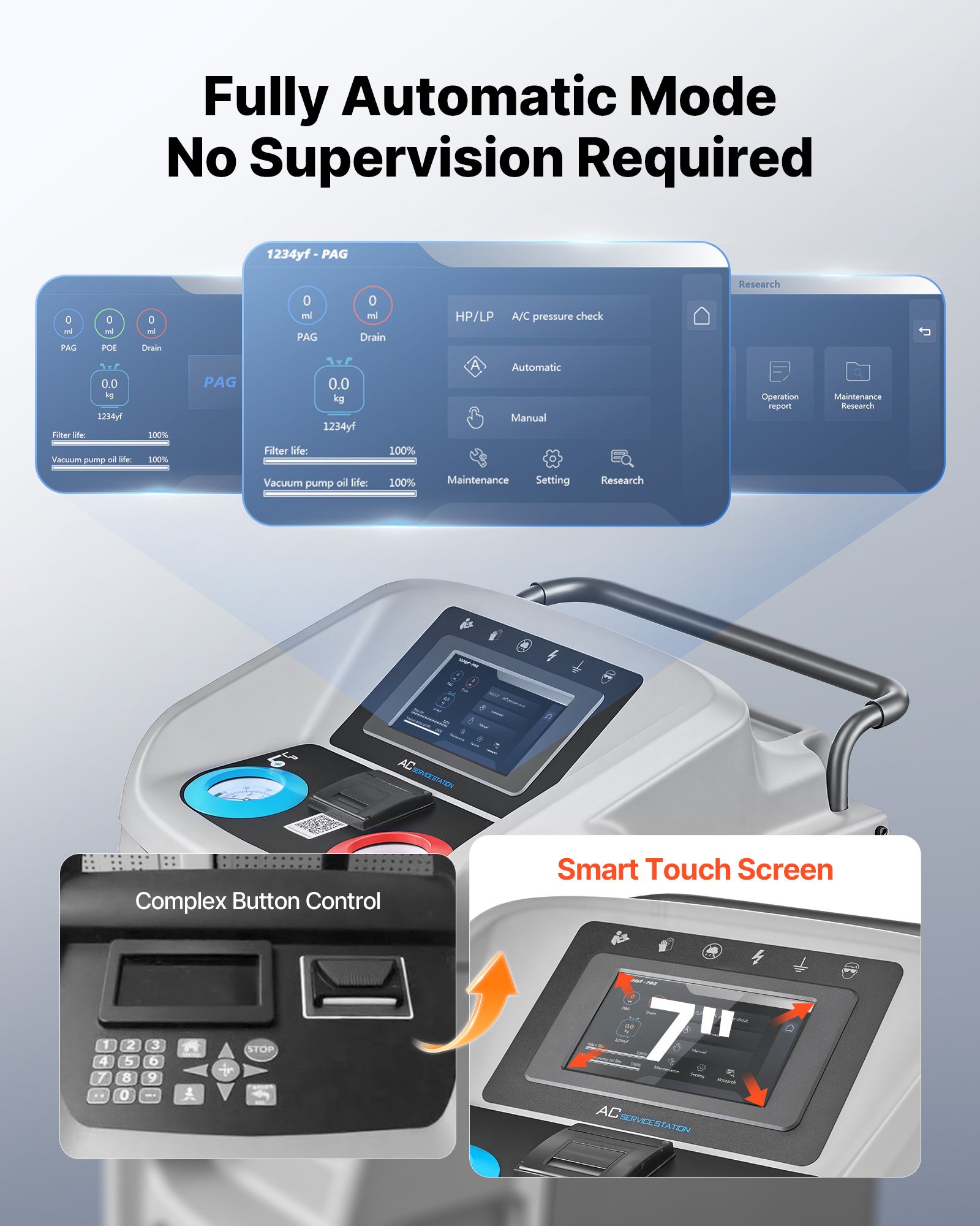 VEVOR Fully Automatic Refrigerant Recovery Machine for 1234yf, ≥98.5% Accuracy, 7-Inch Touch Screen, AC Recovery, Vacuum, and Recharging Machine for Standard and High Voltage Automotive A/C Systems