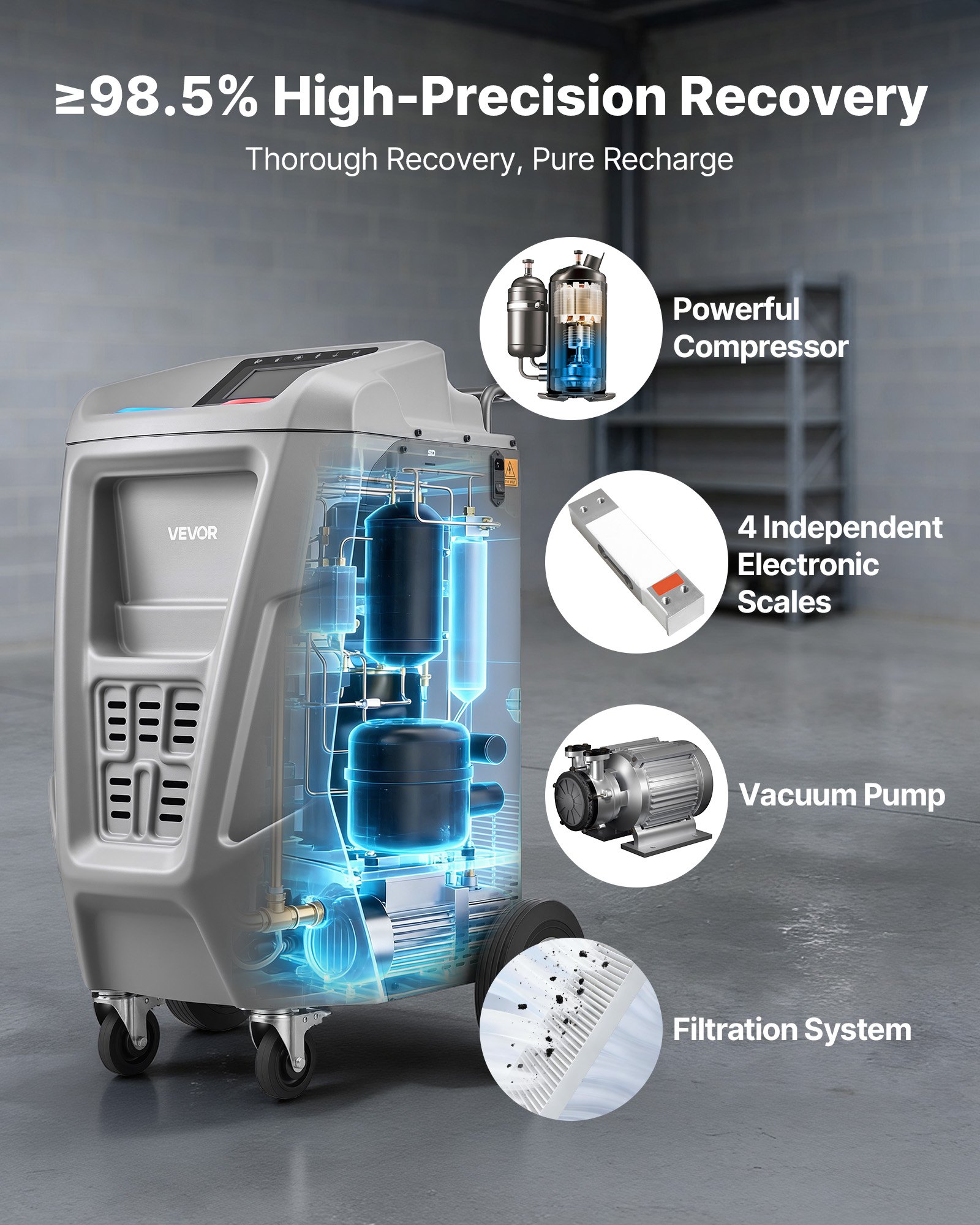 VEVOR Fully Automatic Refrigerant Recovery Machine for 1234yf, ≥98.5% Accuracy, 7-Inch Touch Screen, AC Recovery, Vacuum, and Recharging Machine for Standard and High Voltage Automotive A/C Systems