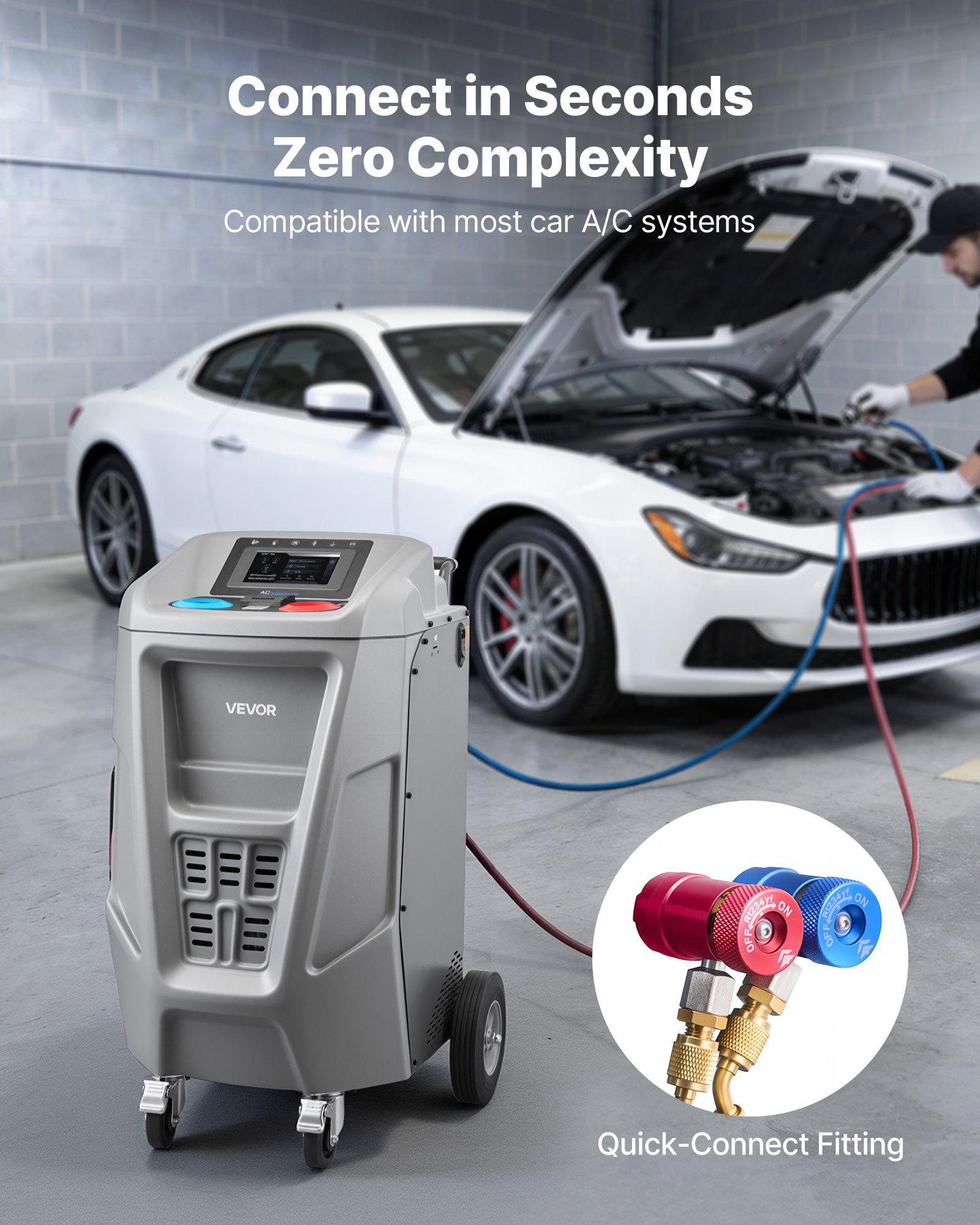 VEVOR Fully Automatic Refrigerant Recovery Machine for 1234yf, ≥98.5% Accuracy, 7-Inch Touch Screen, AC Recovery, Vacuum, and Recharging Machine for Standard and High Voltage Automotive A/C Systems