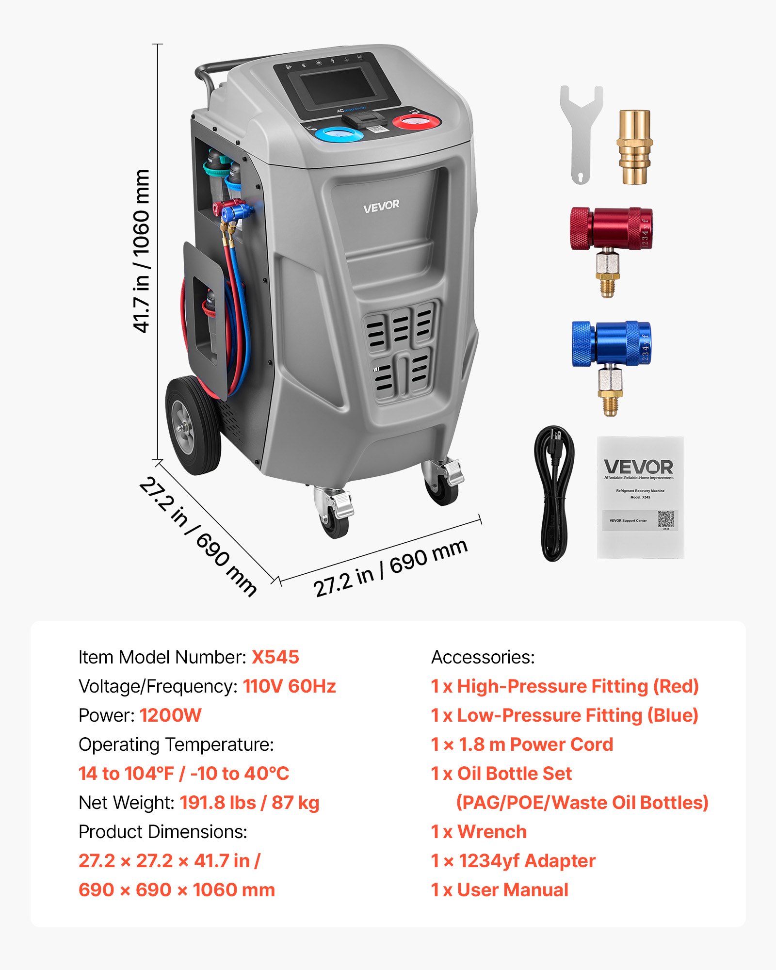 VEVOR Fully Automatic Refrigerant Recovery Machine for 1234yf, ≥98.5% Accuracy, 7-Inch Touch Screen, AC Recovery, Vacuum, and Recharging Machine for Standard and High Voltage Automotive A/C Systems