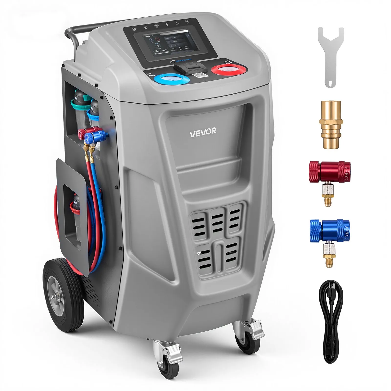 VEVOR Fully Automatic Refrigerant Recovery Machine for 1234yf, ≥98.5% Accuracy, 7-Inch Touch Screen, AC Recovery, Vacuum, and Recharging Machine for Standard and High Voltage Automotive A/C Systems