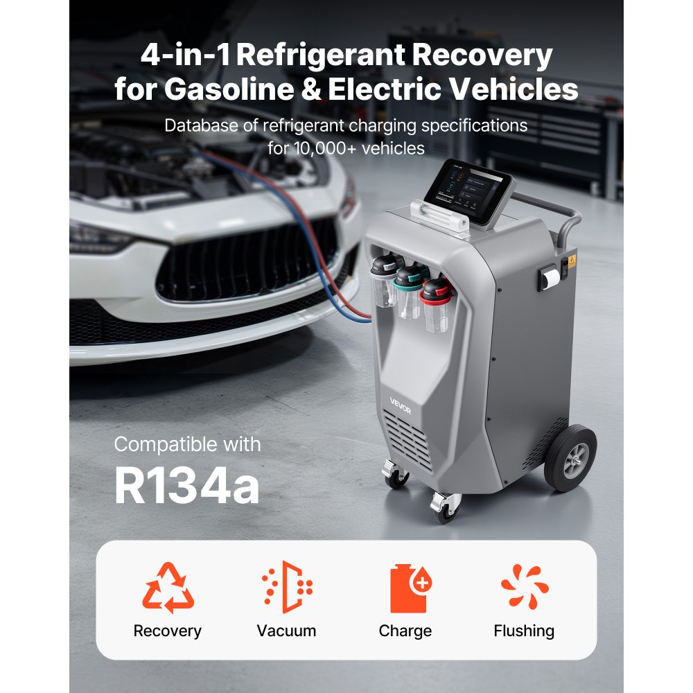 VEVOR Fully Automatic Refrigerant Recovery Machine for R134a, ≥98.5% Accuracy, 10.1-Inch Touch Screen, AC Recovery, Vacuum, Recharging and Flushing for Standard & High Voltage Automotive A/C Systems