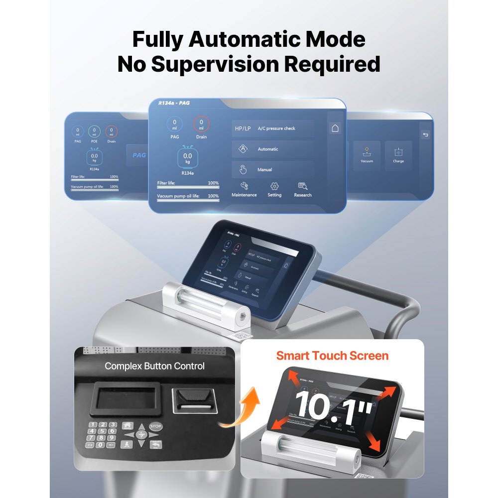 VEVOR Fully Automatic Refrigerant Recovery Machine for R134a, ≥98.5% Accuracy, 10.1-Inch Touch Screen, AC Recovery, Vacuum, Recharging and Flushing for Standard & High Voltage Automotive A/C Systems