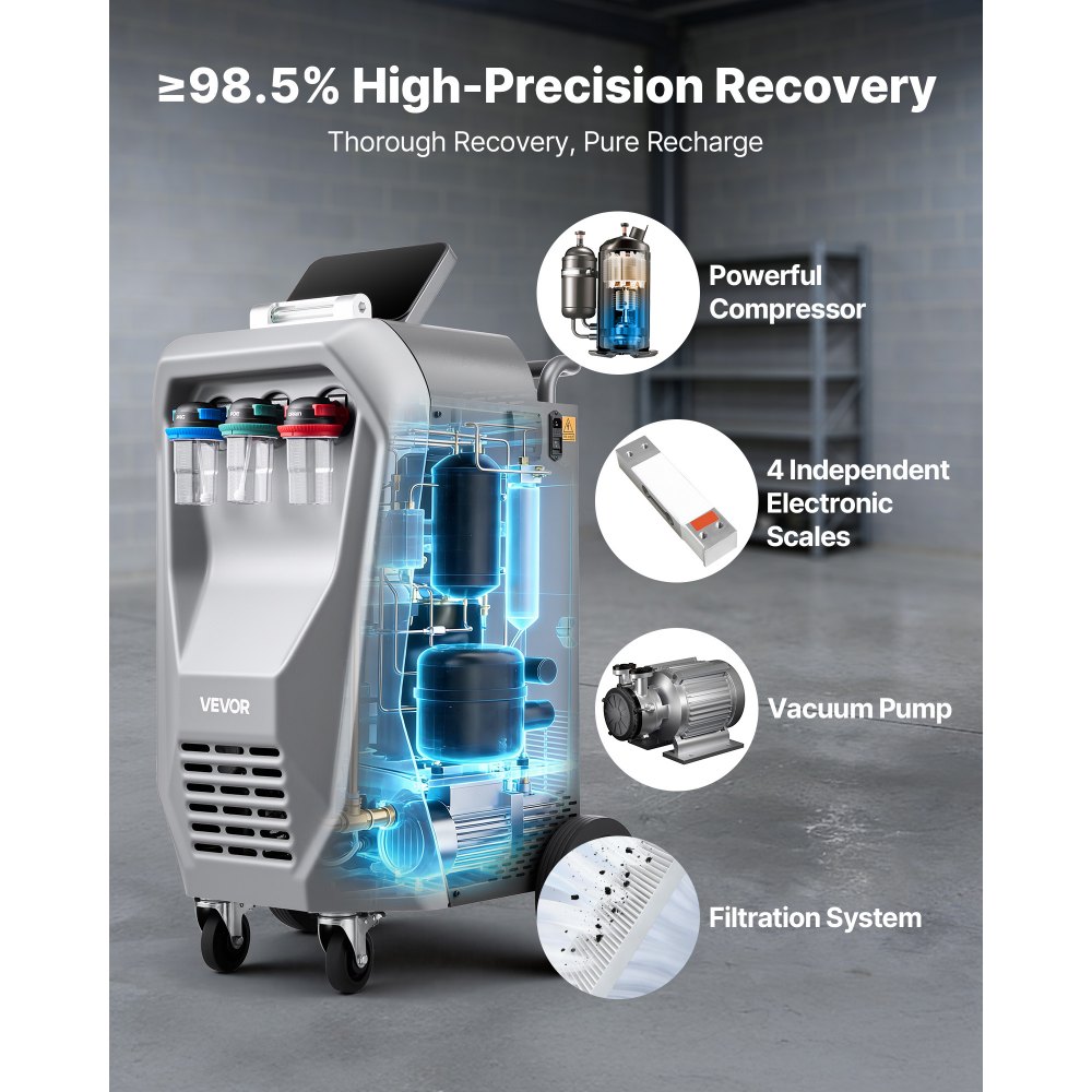 VEVOR Fully Automatic Refrigerant Recovery Machine for R134a, ≥98.5% Accuracy, 10.1-Inch Touch Screen, AC Recovery, Vacuum, Recharging and Flushing for Standard & High Voltage Automotive A/C Systems