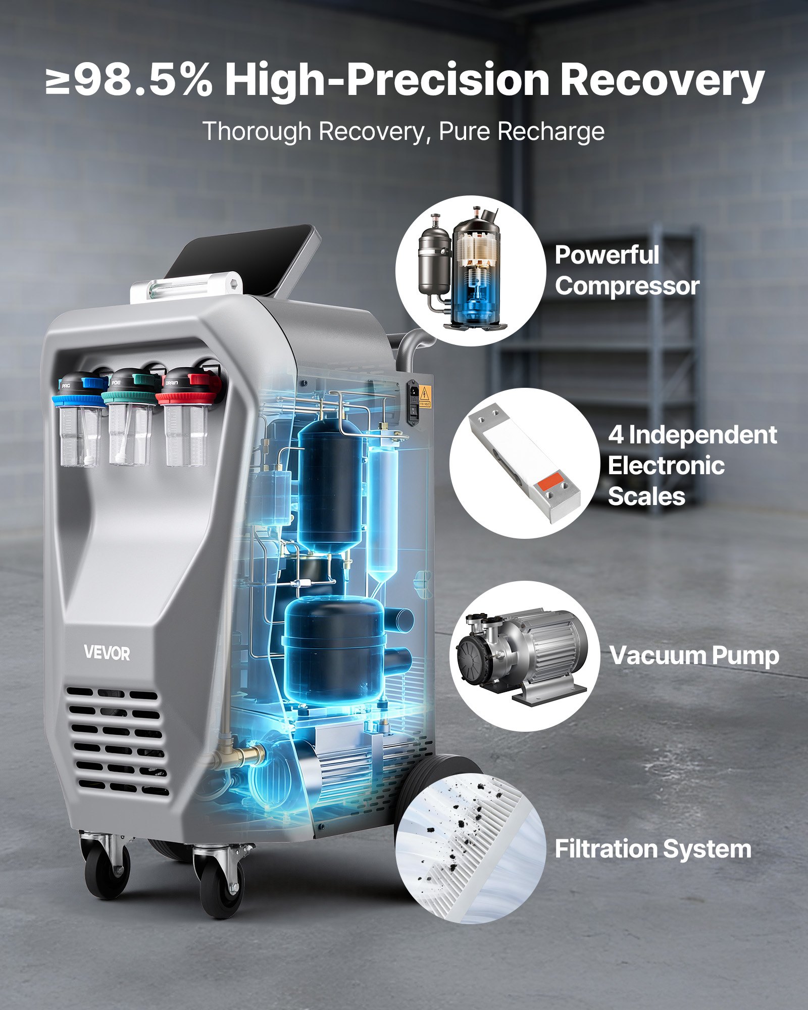 VEVOR Fully Automatic Refrigerant Recovery Machine for R134a, ≥98.5% Accuracy, 10.1-Inch Touch Screen, AC Recovery, Vacuum, Recharging and Flushing for Standard & High Voltage Automotive A/C Systems