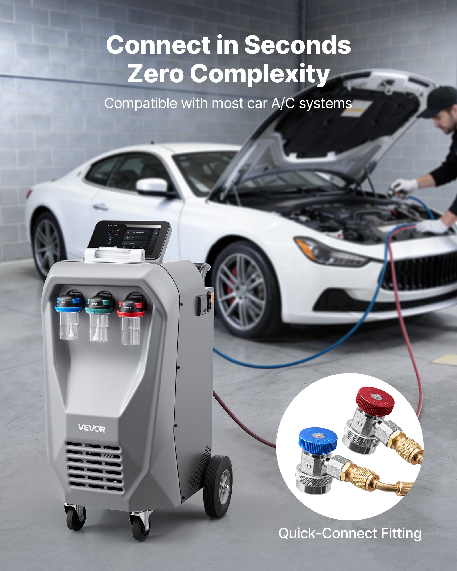 VEVOR Fully Automatic Refrigerant Recovery Machine for R134a, ≥98.5% Accuracy, 10.1-Inch Touch Screen, AC Recovery, Vacuum, Recharging and Flushing for Standard & High Voltage Automotive A/C Systems