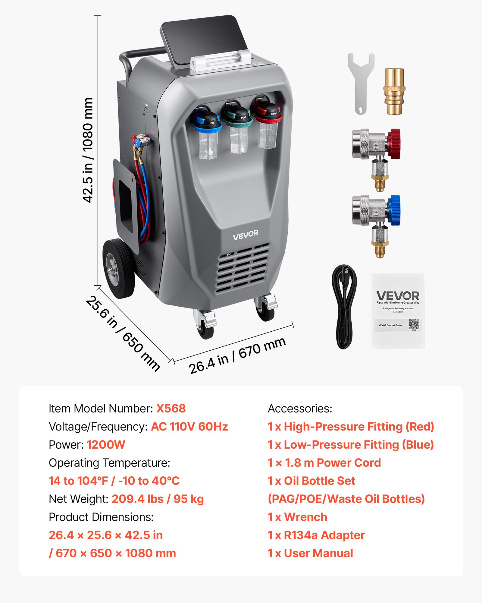 VEVOR Fully Automatic Refrigerant Recovery Machine for R134a, ≥98.5% Accuracy, 10.1-Inch Touch Screen, AC Recovery, Vacuum, Recharging and Flushing for Standard & High Voltage Automotive A/C Systems