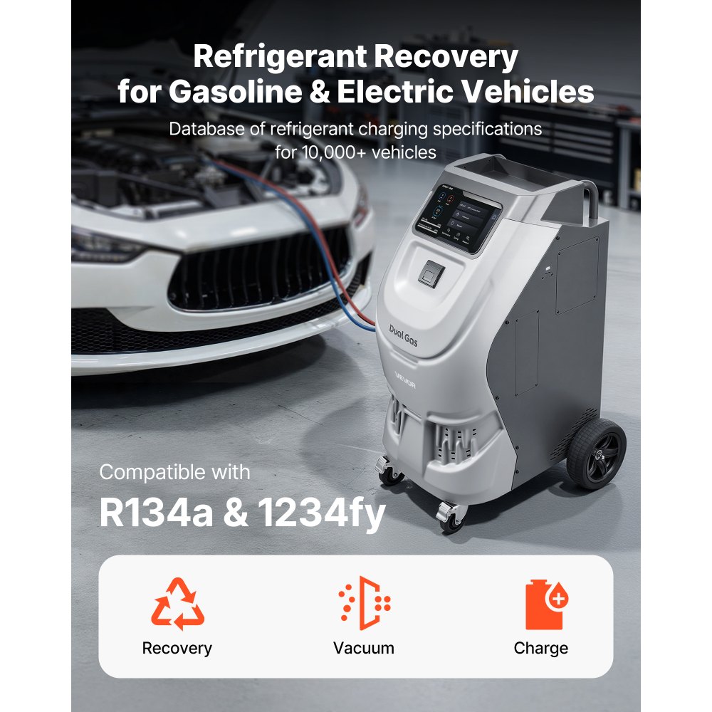 VEVOR Fully Automatic Refrigerant Recovery Machine for R134a & 1234fy, ≥98.5% Accuracy, 10-Inch Touch Screen, AC Recovery, Vacuum, and Recharging for Standard and High Voltage Automotive A/C Systems