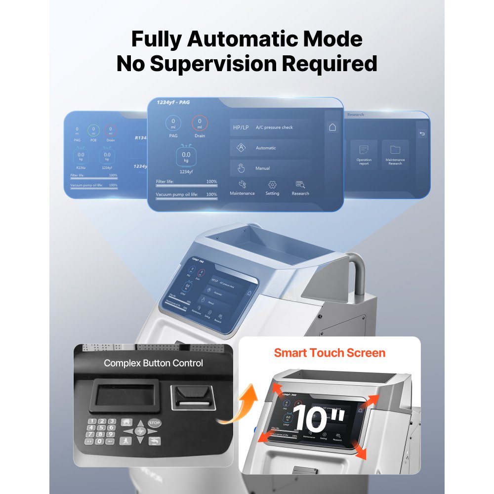 VEVOR Fully Automatic Refrigerant Recovery Machine for R134a & 1234fy, ≥98.5% Accuracy, 10-Inch Touch Screen, AC Recovery, Vacuum, and Recharging for Standard and High Voltage Automotive A/C Systems
