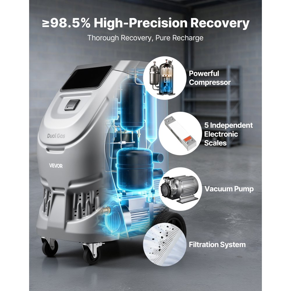 VEVOR Fully Automatic Refrigerant Recovery Machine for R134a & 1234fy, ≥98.5% Accuracy, 10-Inch Touch Screen, AC Recovery, Vacuum, and Recharging for Standard and High Voltage Automotive A/C Systems
