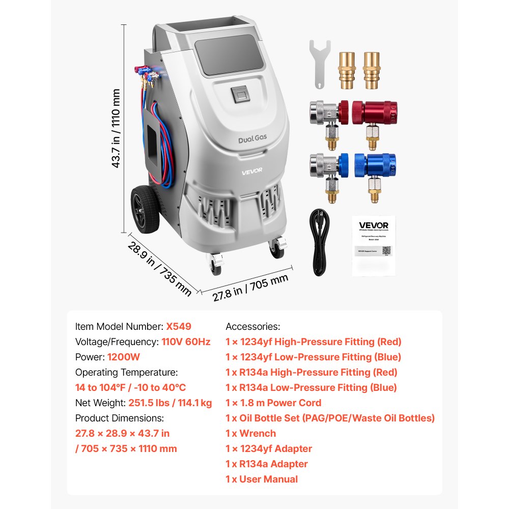 VEVOR Fully Automatic Refrigerant Recovery Machine for R134a & 1234fy, ≥98.5% Accuracy, 10-Inch Touch Screen, AC Recovery, Vacuum, and Recharging for Standard and High Voltage Automotive A/C Systems