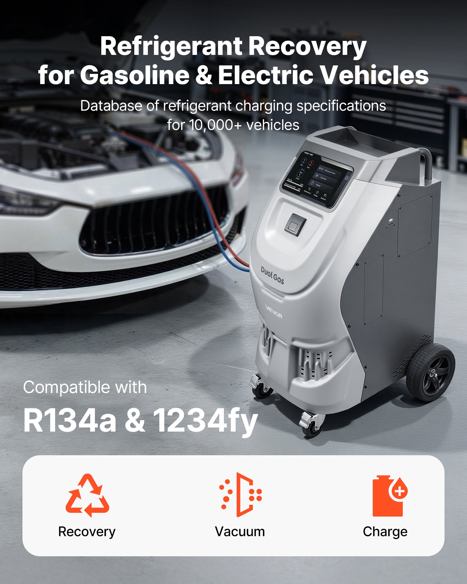 VEVOR Fully Automatic Refrigerant Recovery Machine for R134a & 1234fy, ≥98.5% Accuracy, 10-Inch Touch Screen, AC Recovery, Vacuum, and Recharging for Standard and High Voltage Automotive A/C Systems