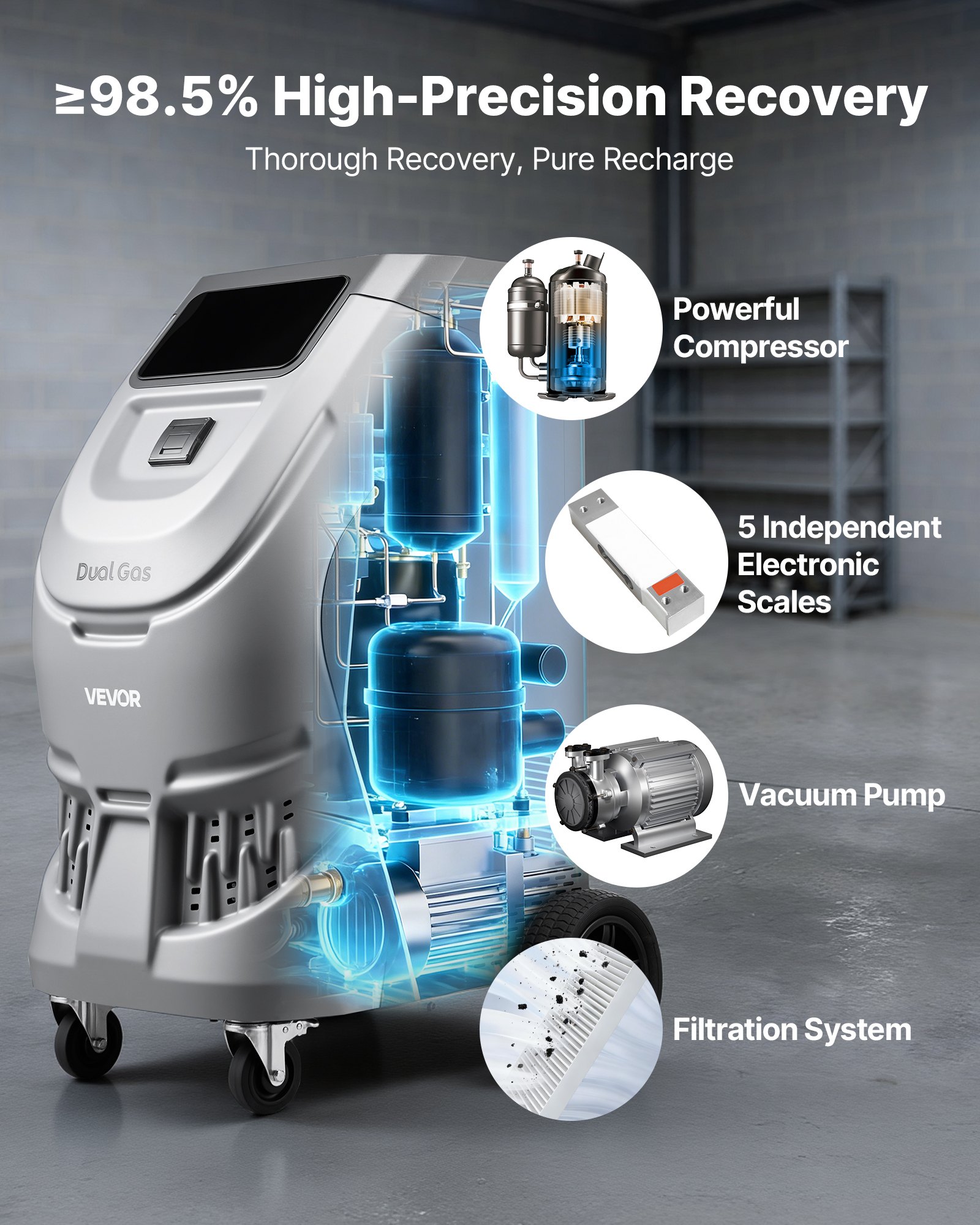 VEVOR Fully Automatic Refrigerant Recovery Machine for R134a & 1234fy, ≥98.5% Accuracy, 10-Inch Touch Screen, AC Recovery, Vacuum, and Recharging for Standard and High Voltage Automotive A/C Systems