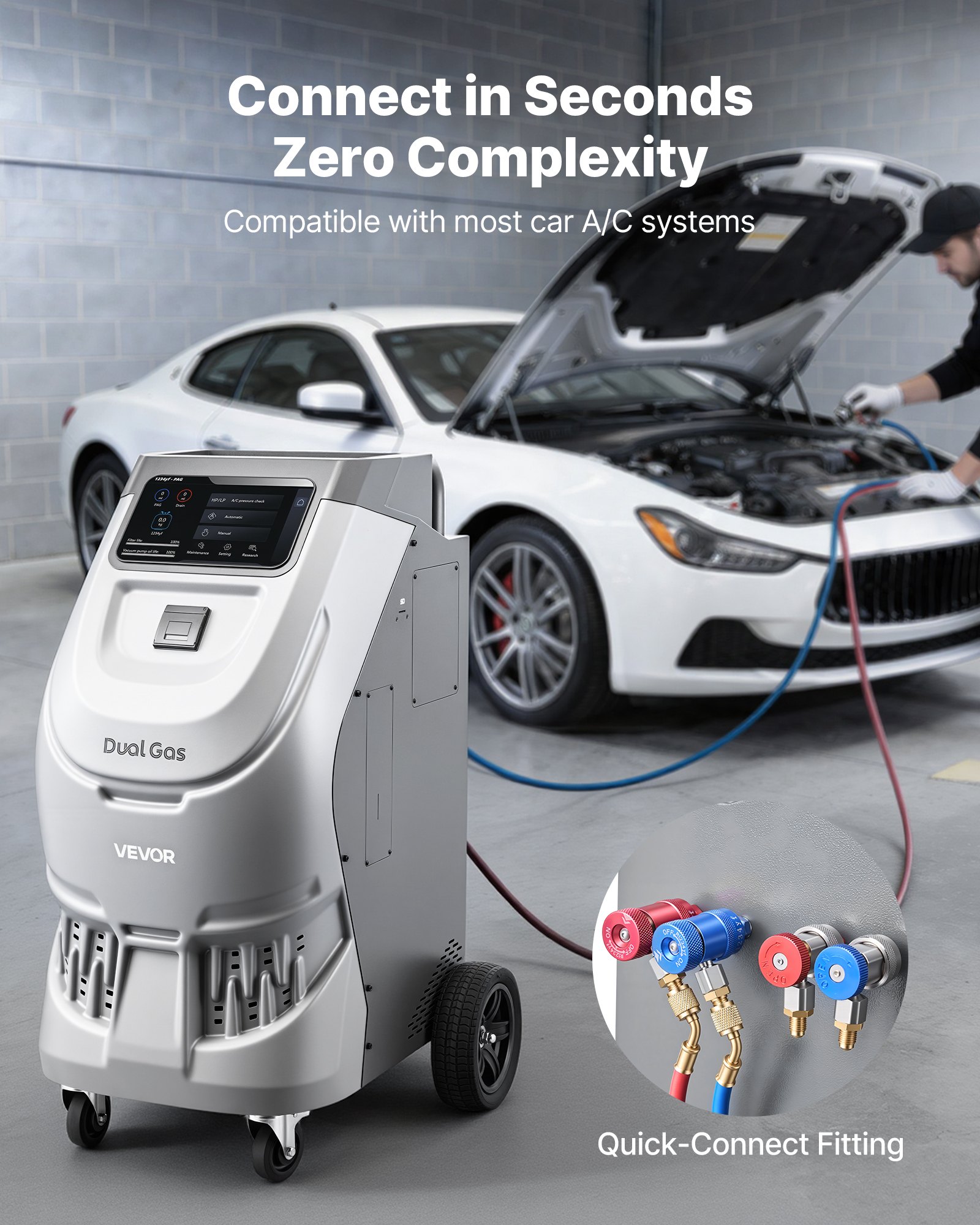 VEVOR Fully Automatic Refrigerant Recovery Machine for R134a & 1234fy, ≥98.5% Accuracy, 10-Inch Touch Screen, AC Recovery, Vacuum, and Recharging for Standard and High Voltage Automotive A/C Systems