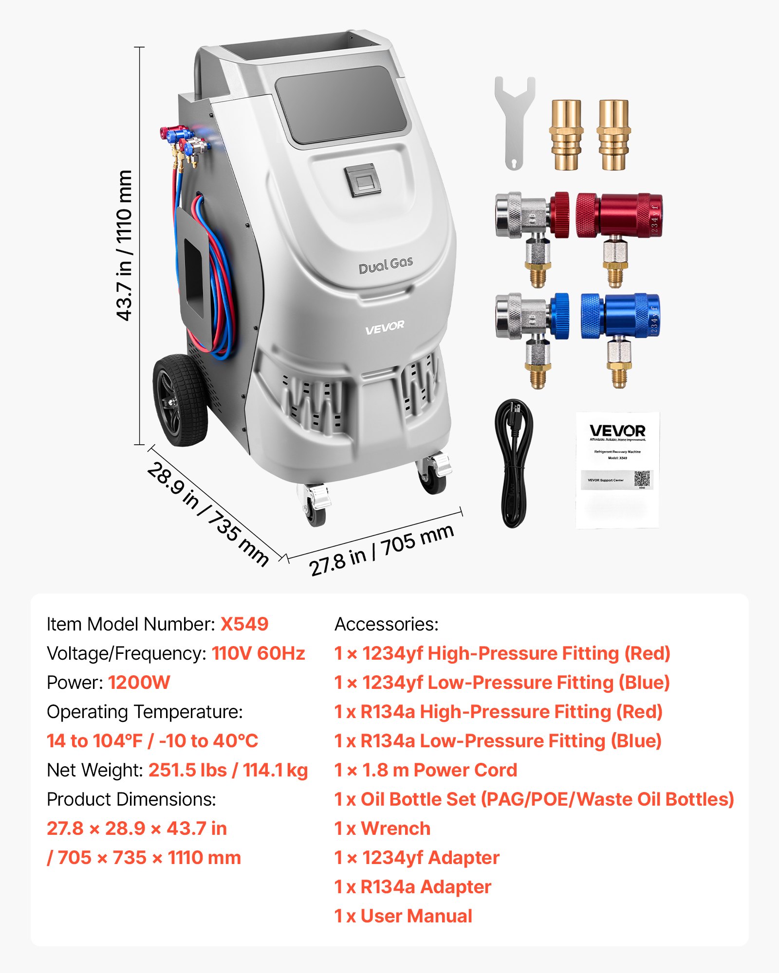 VEVOR Fully Automatic Refrigerant Recovery Machine for R134a & 1234fy, ≥98.5% Accuracy, 10-Inch Touch Screen, AC Recovery, Vacuum, and Recharging for Standard and High Voltage Automotive A/C Systems