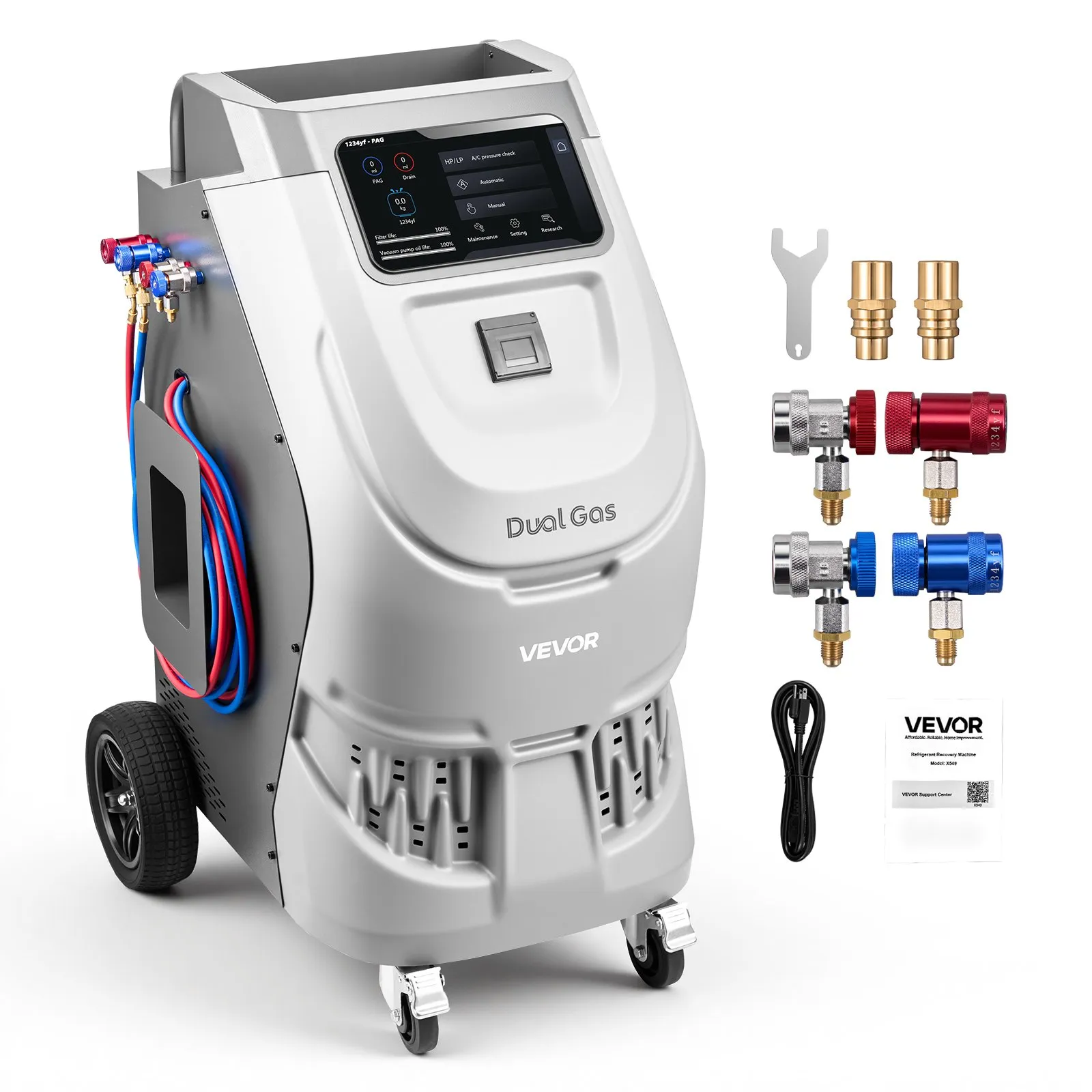 VEVOR Fully Automatic Refrigerant Recovery Machine for R134a & 1234fy, ≥98.5% Accuracy, 10-Inch Touch Screen, AC Recovery, Vacuum, and Recharging for Standard and High Voltage Automotive A/C Systems