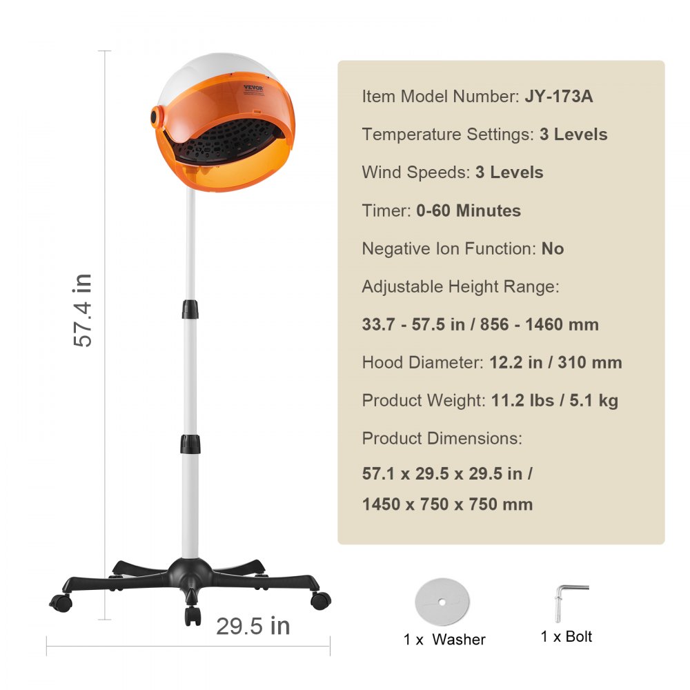 VEVOR Salon-Grade Hair Dryer, 1875W Powerful Stand Dryer, Adjustable Timer & 3 Heat/Speed Options, Mobile Base with Wheels for Salon & Home Use