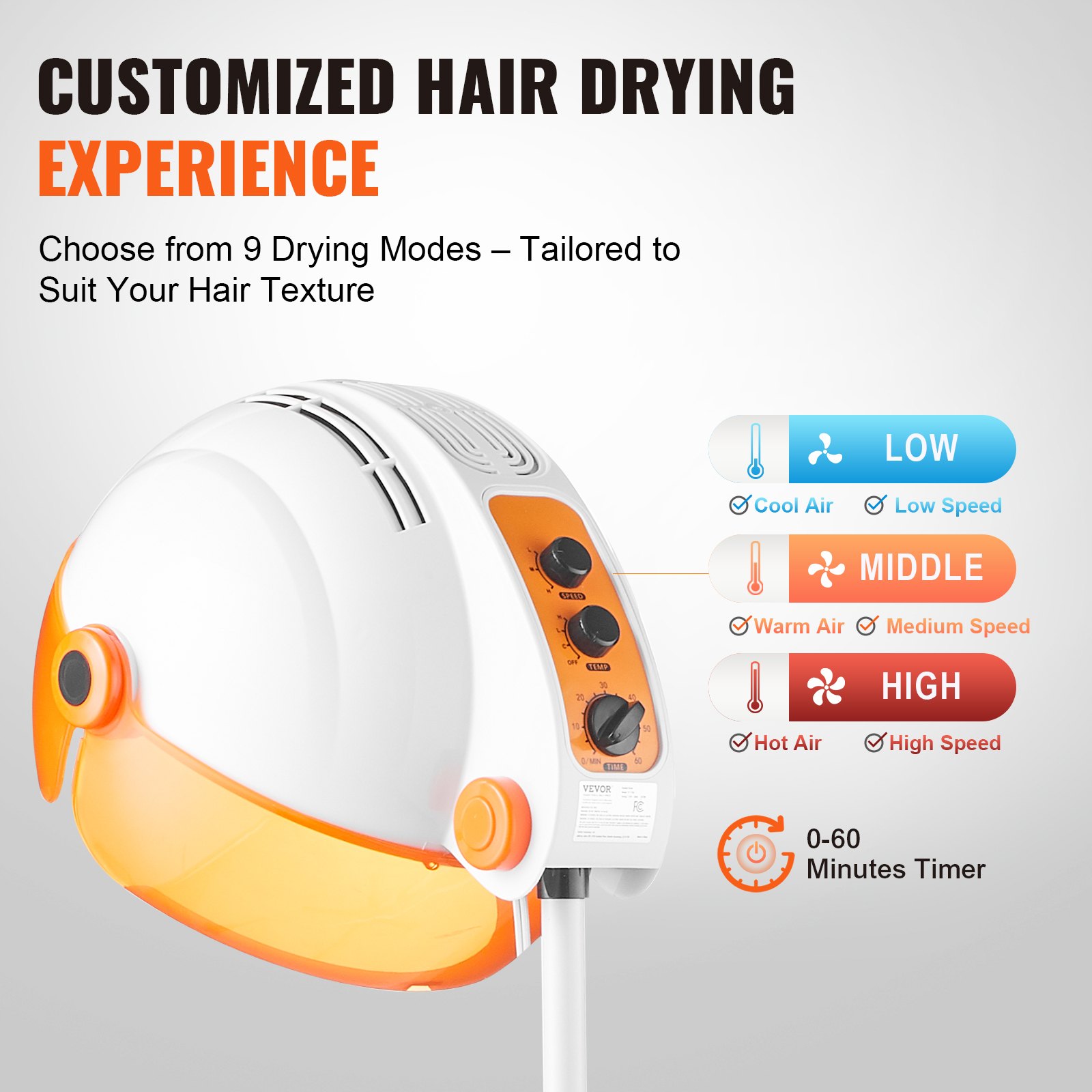 VEVOR Salon-Grade Hair Dryer, 1875W Powerful Stand Dryer, Adjustable Timer & 3 Heat/Speed Options, Mobile Base with Wheels for Salon & Home Use