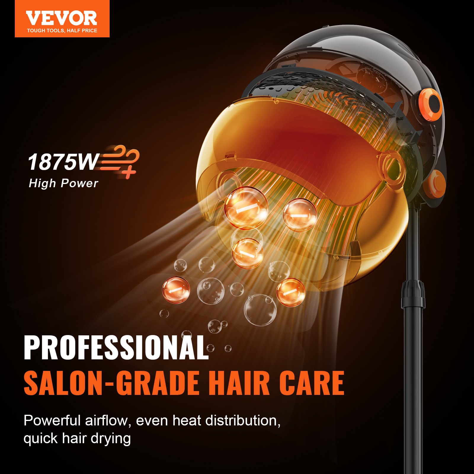 VEVOR Ionic Hood Dryer, 1875W Pro Bonnet Hair Dryer, Timer, 3 Temperature Levels & Adjustable Speed, Mobile Floor Stand with Wheels for Salon & Home Spa