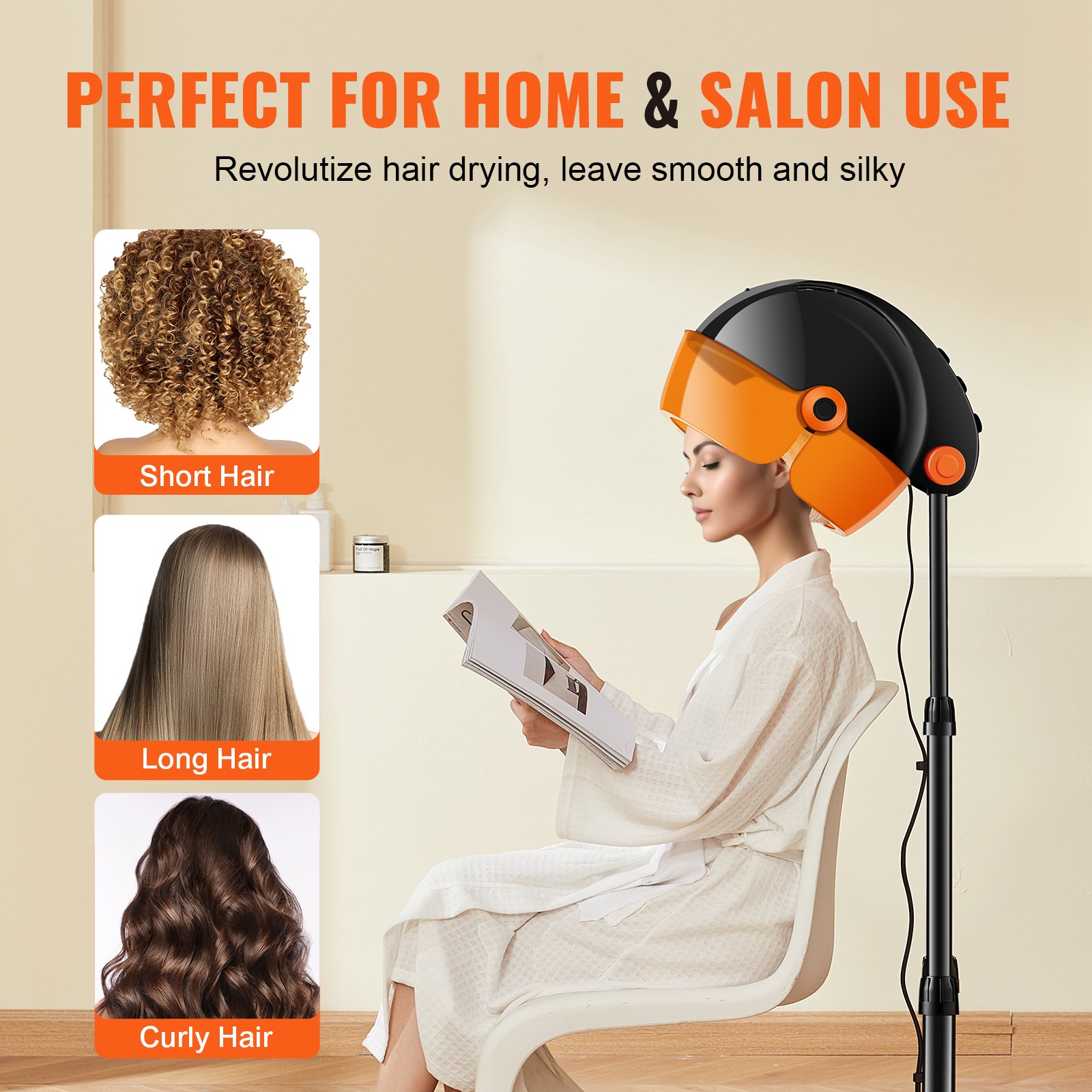 VEVOR Ionic Hood Dryer, 1875W Pro Bonnet Hair Dryer, Timer, 3 Temperature Levels & Adjustable Speed, Mobile Floor Stand with Wheels for Salon & Home Spa