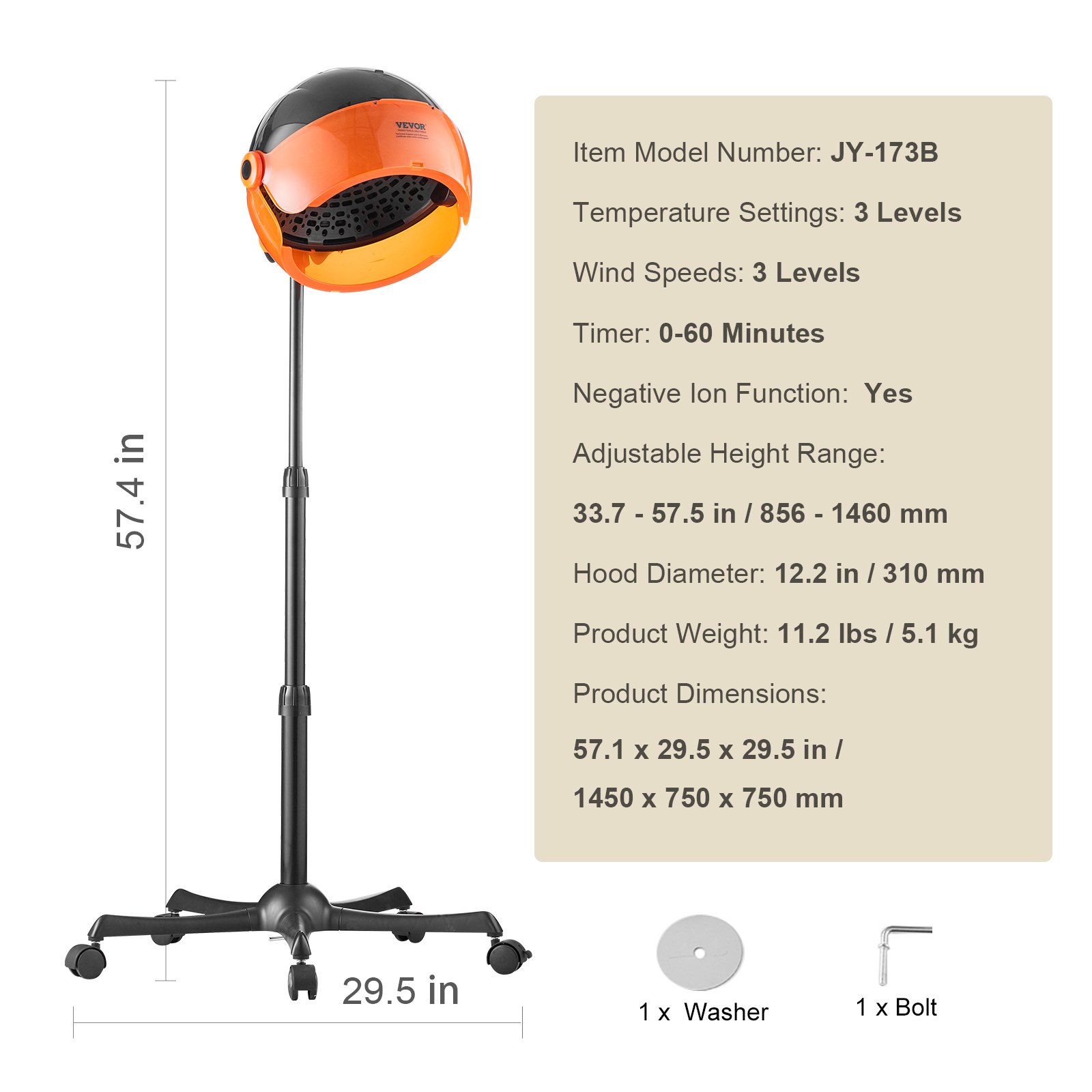 VEVOR Ionic Hood Dryer, 1875W Pro Bonnet Hair Dryer, Timer, 3 Temperature Levels & Adjustable Speed, Mobile Floor Stand with Wheels for Salon & Home Spa