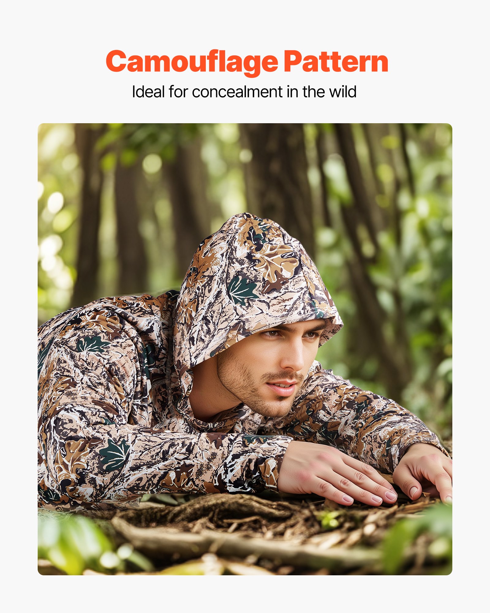 VEVOR Camo Hoodie, Medium Size, Men Pullover Hooded Sweatshirt, Moisture Wicking & Breathable, Quick-dry, Hiking Fishing Shirt with Hood, Long Sleeves Hunting Shirts for Spring & Summer Outdoor Work