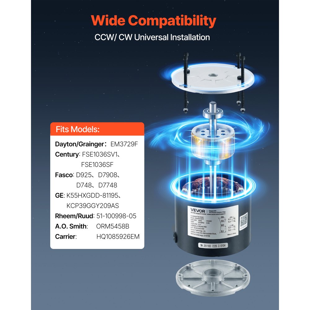VEVOR Condenser Fan Motor with Capacitor, 1/3HP 1075RPM 208-230V, Compatible with GE Genteq K55HXGDD-81195 5KCP39GGY209AS, Fasco D925 D7908, Dayton EM3729F, Century FSE1036SV1, Rheem Ruud 51-100998-05