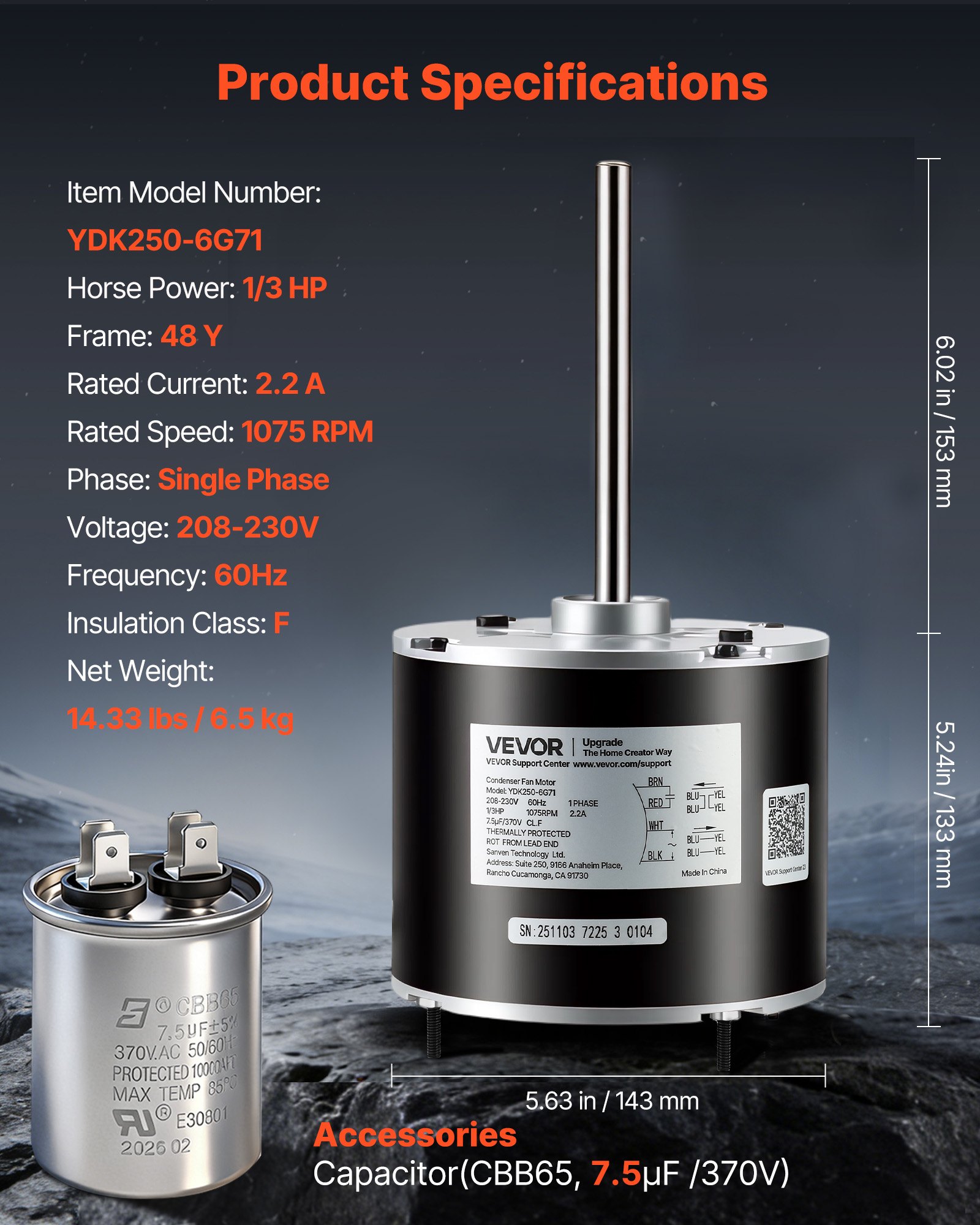 VEVOR Condenser Fan Motor with Capacitor, 1/3HP 1075RPM 208-230V, Compatible with GE Genteq K55HXGDD-81195 5KCP39GGY209AS, Fasco D925 D7908, Dayton EM3729F, Century FSE1036SV1, Rheem Ruud 51-100998-05
