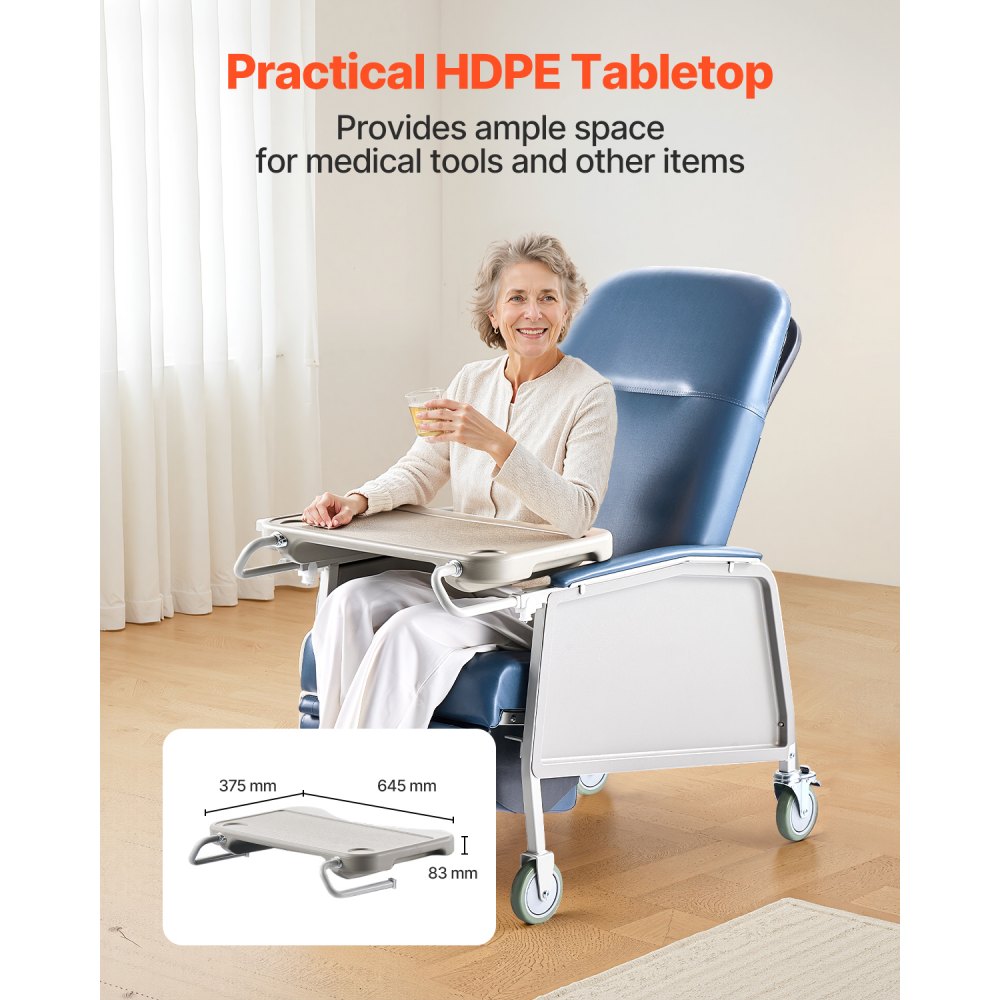 VEVOR Geri Chair Recliner, 3-Position Reclining Geri Chair, Movable Medical Recliner Chairs with 4 Wheels, Soft Padded Seat & Detachable Tray, Ideal for Hospital, Nursing Home, and Geriatric Home Care