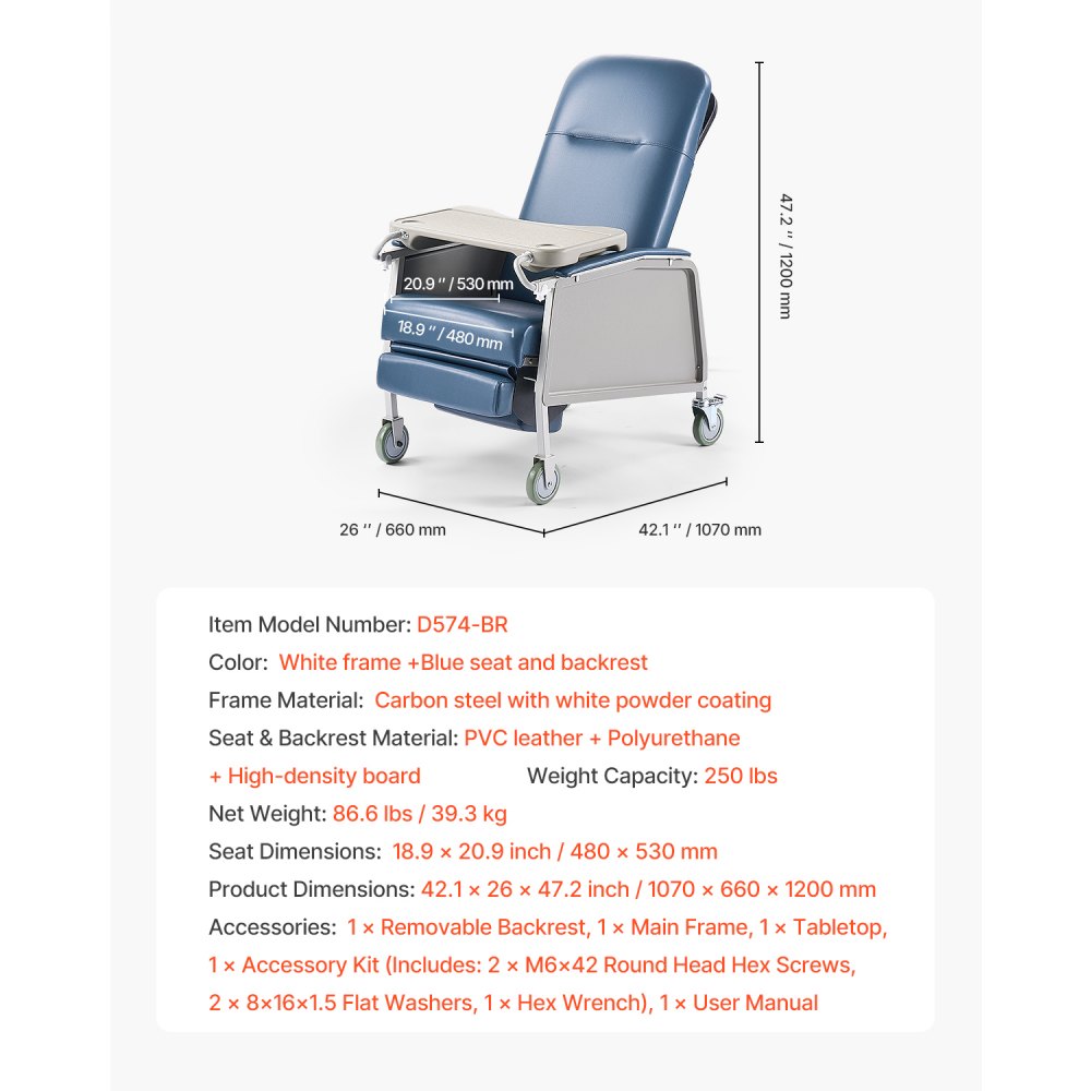 VEVOR Geri Chair Recliner, 3-Position Reclining Geri Chair, Movable Medical Recliner Chairs with 4 Wheels, Soft Padded Seat & Detachable Tray, Ideal for Hospital, Nursing Home, and Geriatric Home Care