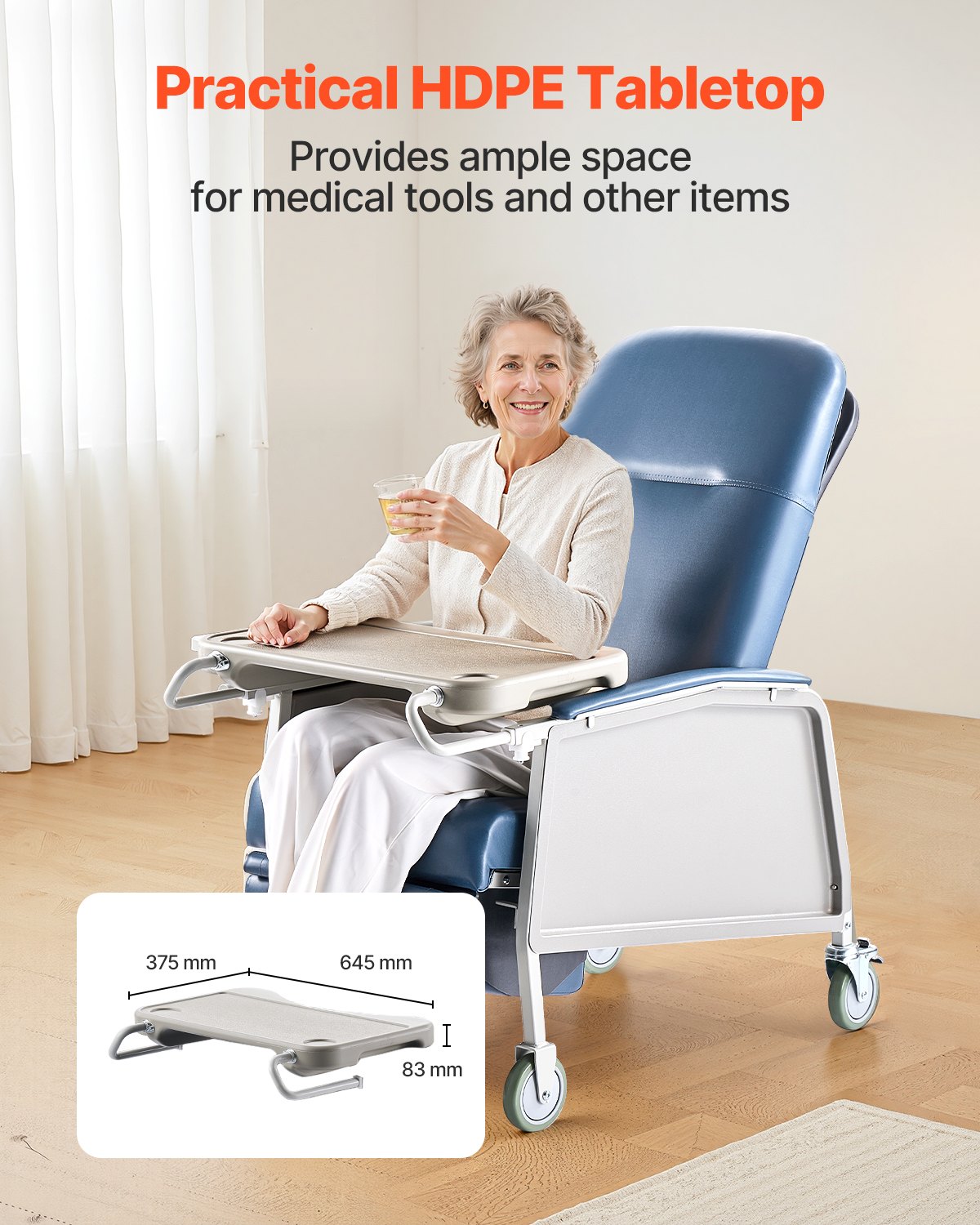 VEVOR Geri Chair Recliner, 3-Position Reclining Geri Chair, Movable Medical Recliner Chairs with 4 Wheels, Soft Padded Seat & Detachable Tray, Ideal for Hospital, Nursing Home, and Geriatric Home Care