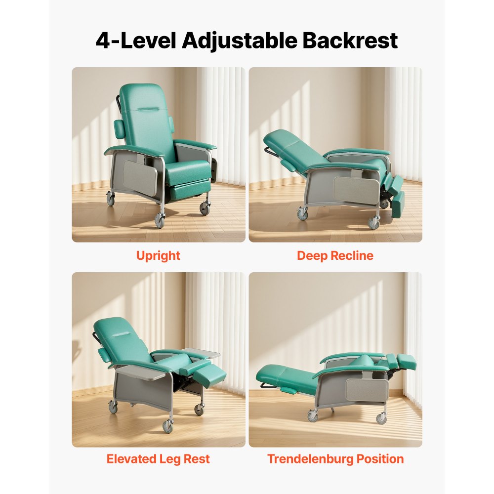 VEVOR 4-Position Geri Reclining Chair 227kg Capacity Geri Chair Recliner, 4-Wheel Medical Recliner Chairs with Trendelenburg, Soft Padded Seat & Trays for Hospitals, Clinics, Geriatric Home Care