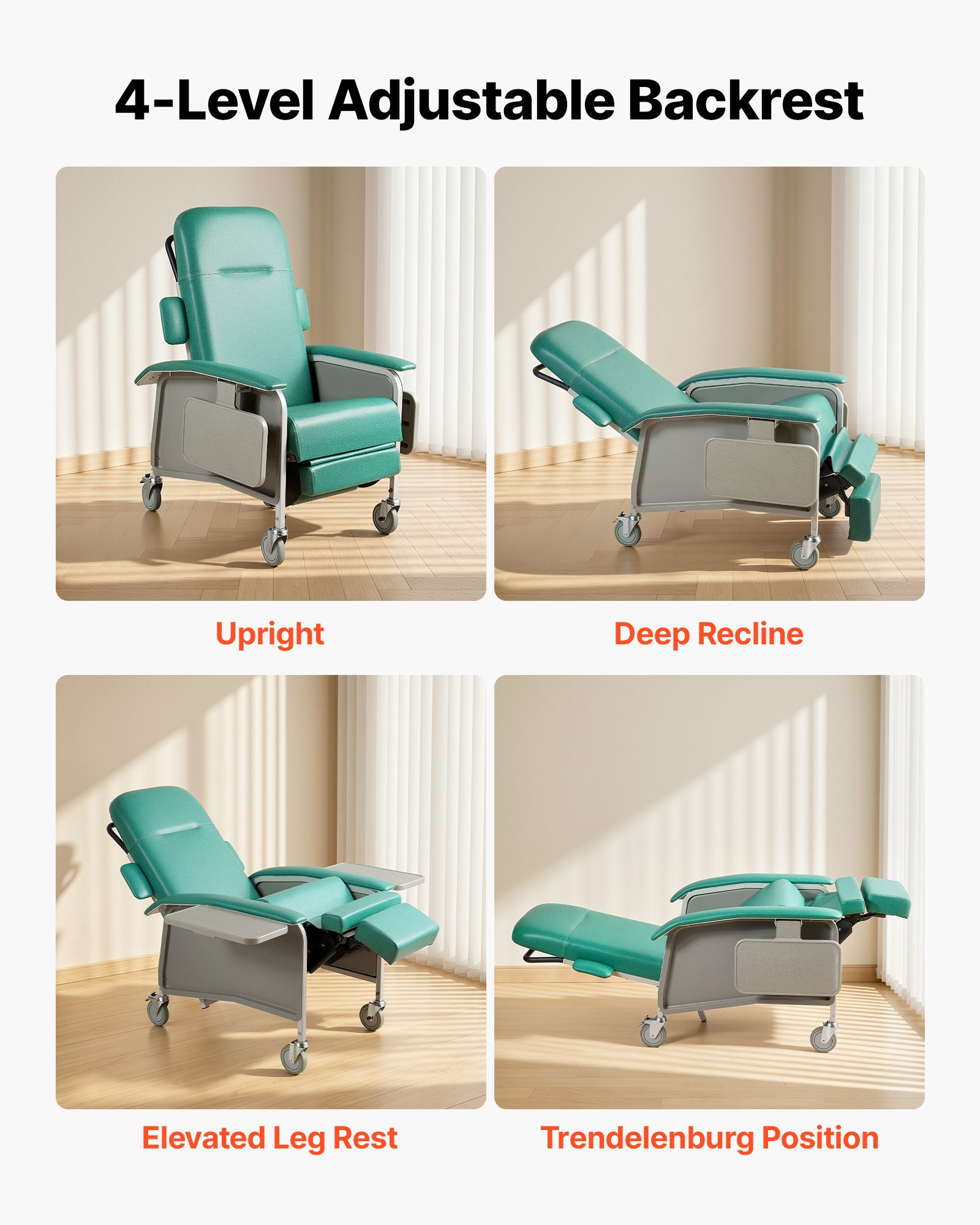 VEVOR 4-Position Geri Reclining Chair 227kg Capacity Geri Chair Recliner, 4-Wheel Medical Recliner Chairs with Trendelenburg, Soft Padded Seat & Trays for Hospitals, Clinics, Geriatric Home Care