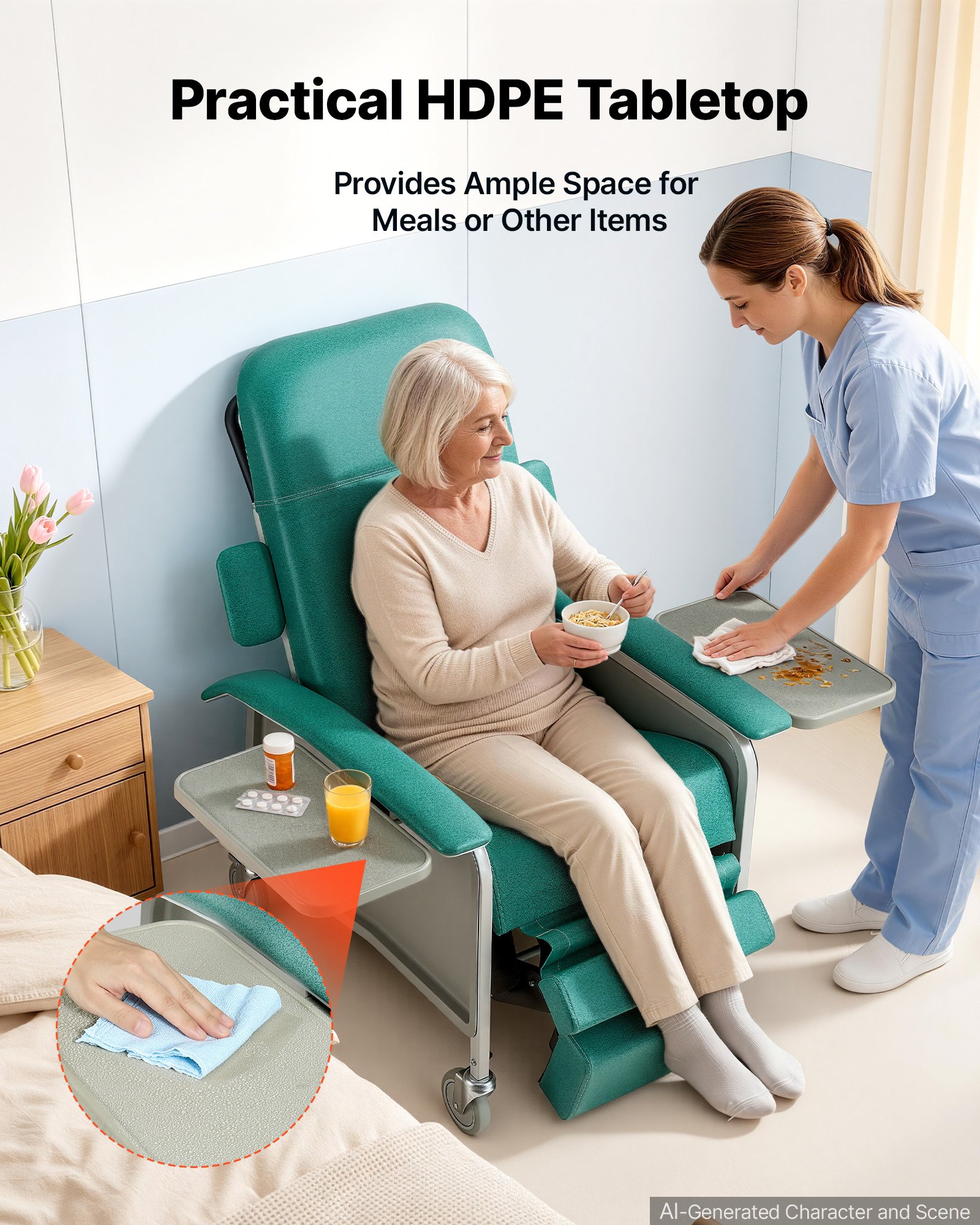 VEVOR 4-Position Geri Reclining Chair 227kg Capacity Geri Chair Recliner, 4-Wheel Medical Recliner Chairs with Trendelenburg, Soft Padded Seat & Trays for Hospitals, Clinics, Geriatric Home Care
