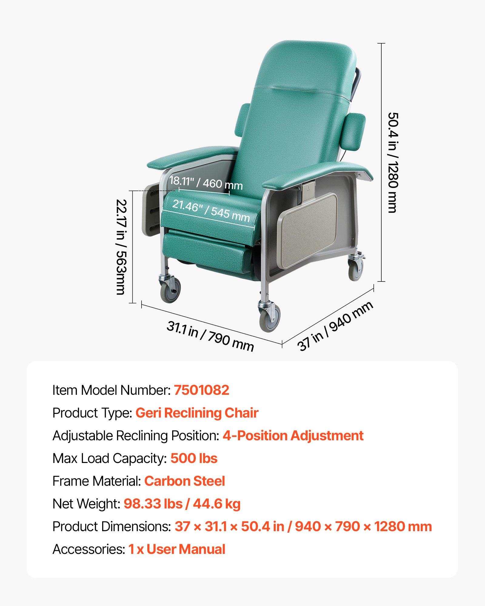 VEVOR 4-Position Geri Reclining Chair 227kg Capacity Geri Chair Recliner, 4-Wheel Medical Recliner Chairs with Trendelenburg, Soft Padded Seat & Trays for Hospitals, Clinics, Geriatric Home Care
