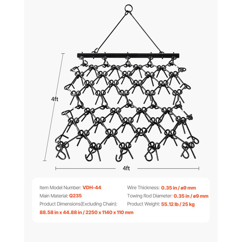 VEVOR Drag Harrow, 4 x 4 ft Durable Chain Harrow with 69 Sharp Teeth, Suitable for ATV UTV Tractor, Ideal for Soil Preparation, Seeding, Smoothing Landscapes, and Yard Gravel Driveway Maintenance
